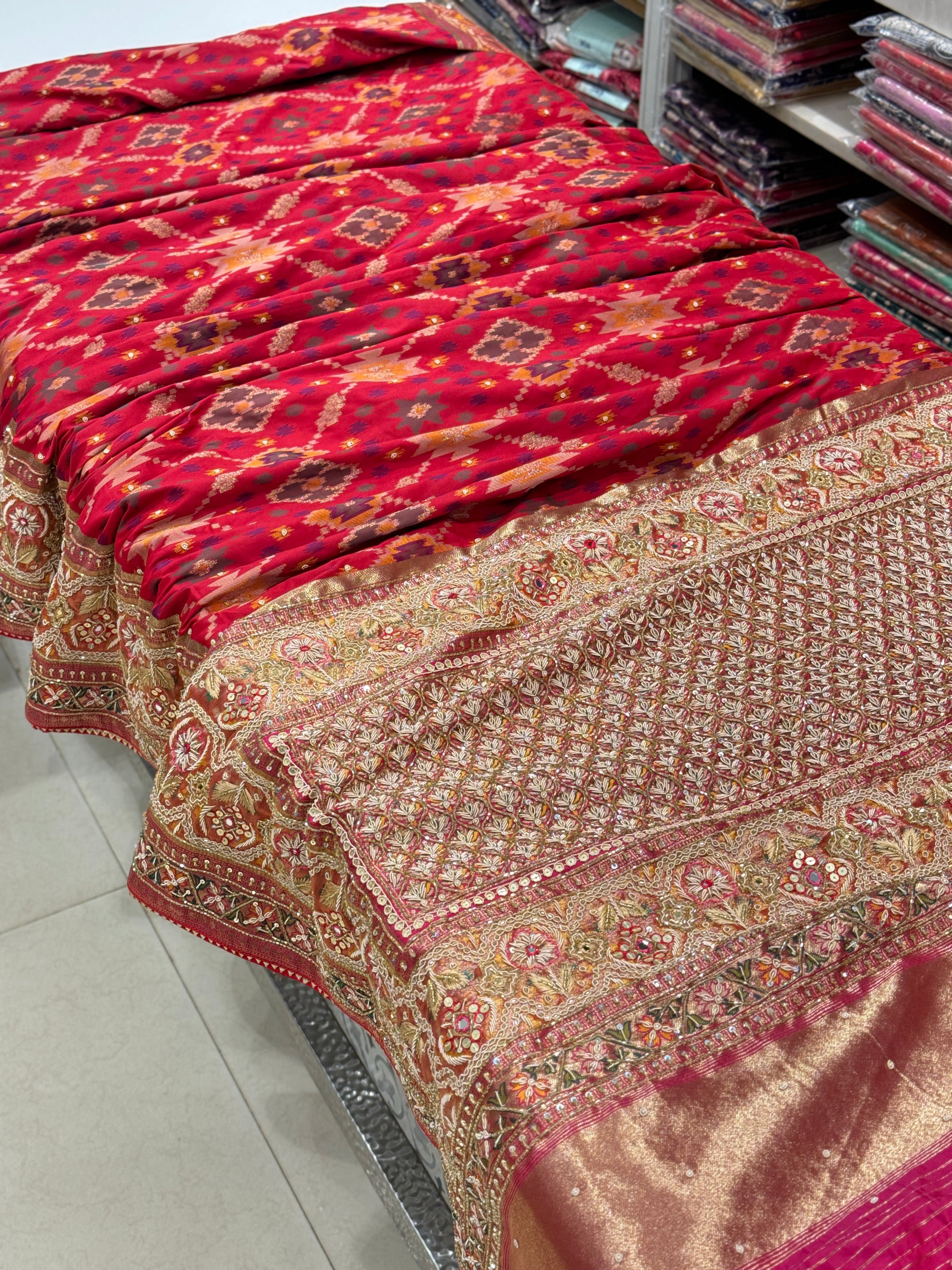 Red Patola Zardosi Embroidery Saree