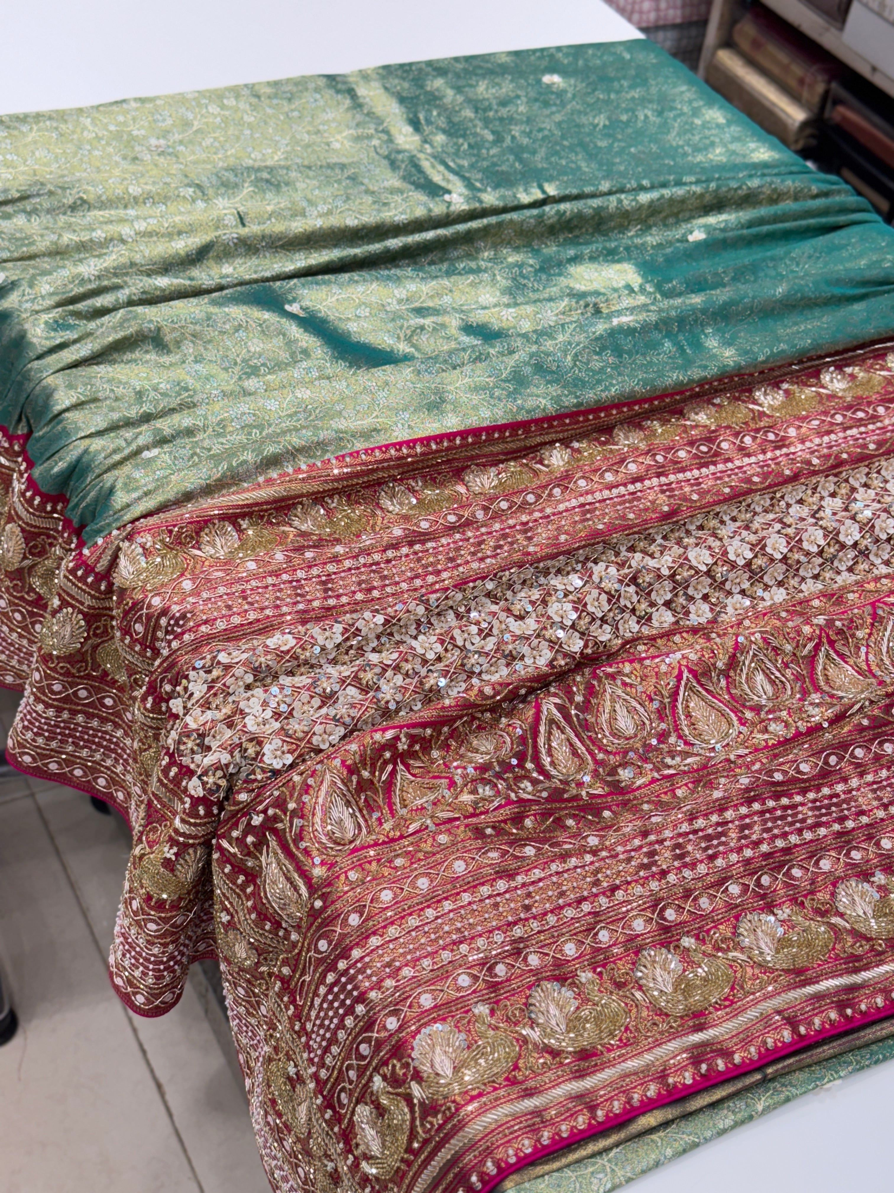 Green Rani Tissue Kanjivaram Hand Embroidery Saree