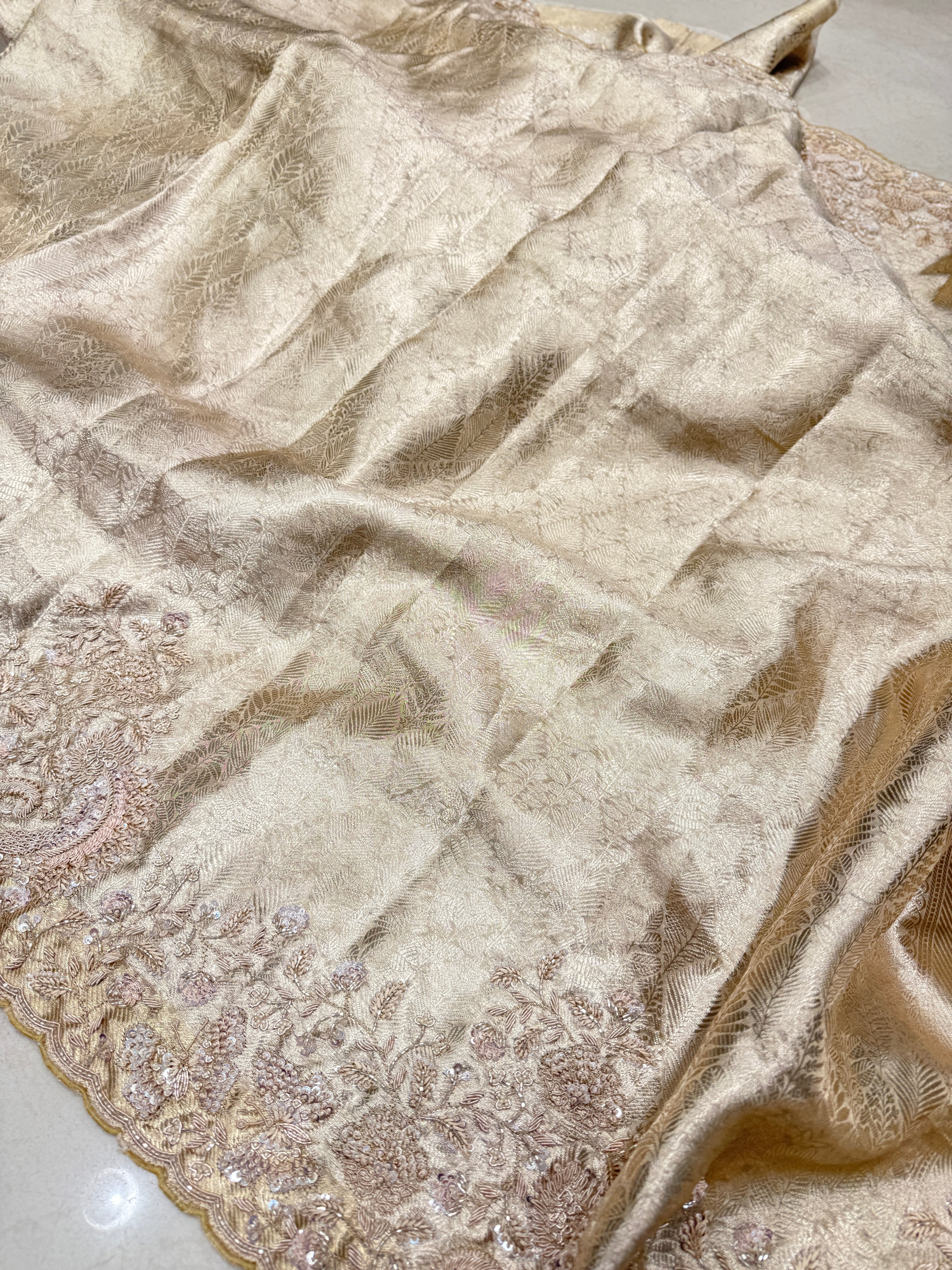 Light Gold Tissue Kanjivaram Zardosi Hand Embroidery Saree
