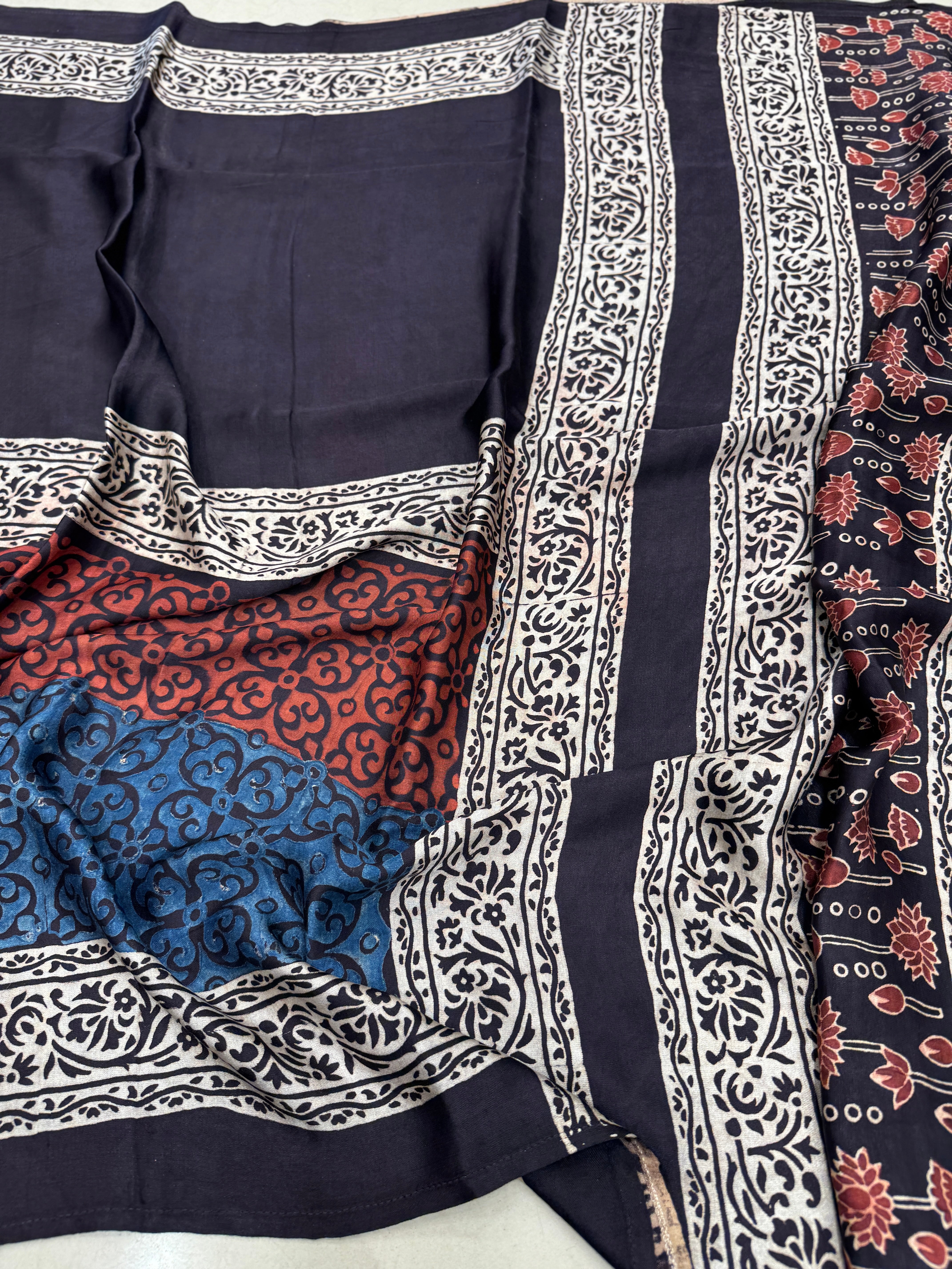 Black Multi Lagdi Patta Ajrakh Saree Modal Gajji Silk Hand Block Print