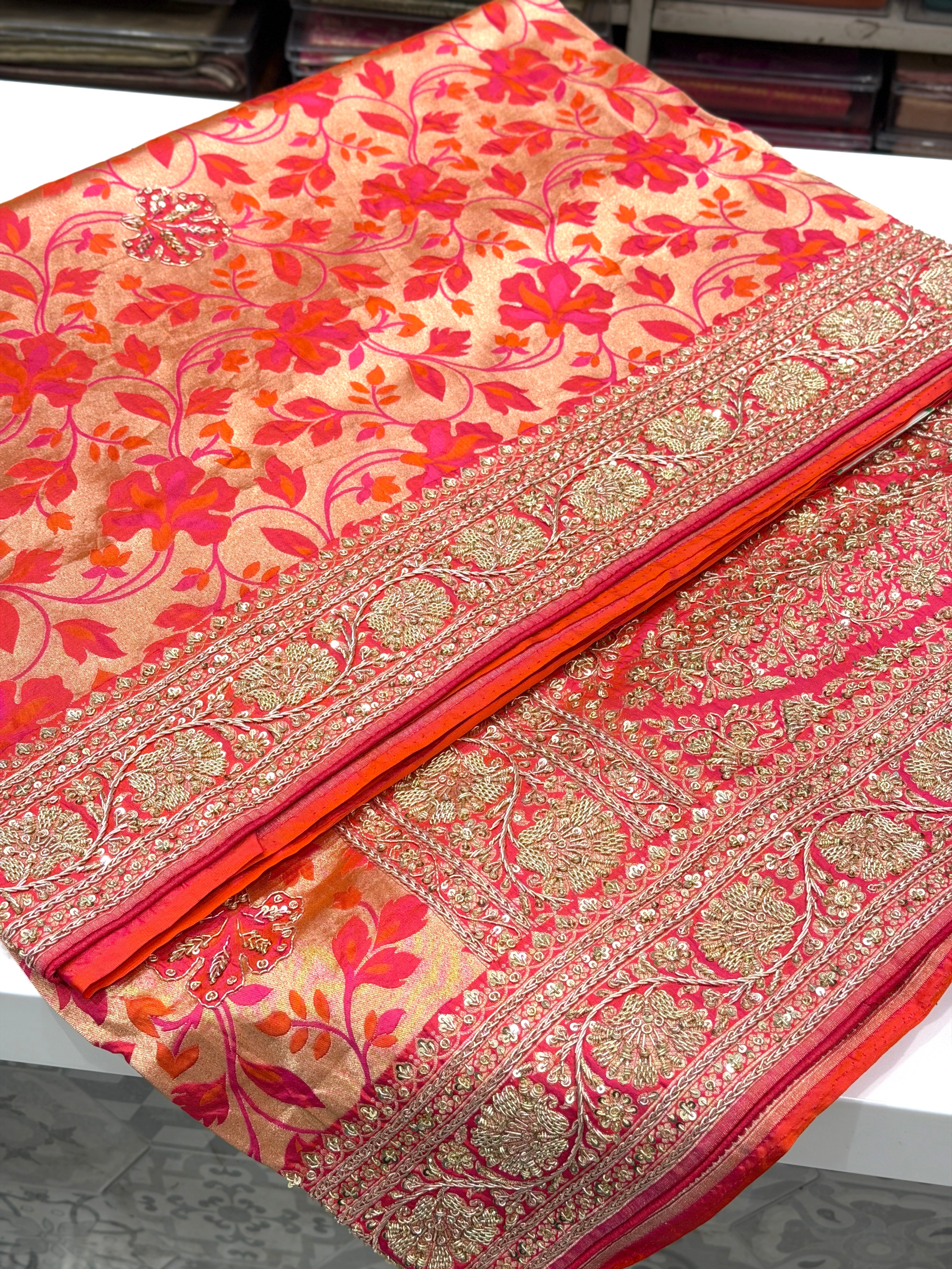 Rust Orange Handloom Banarasi Katan Silk Zardosi Hand Embroidery Saree