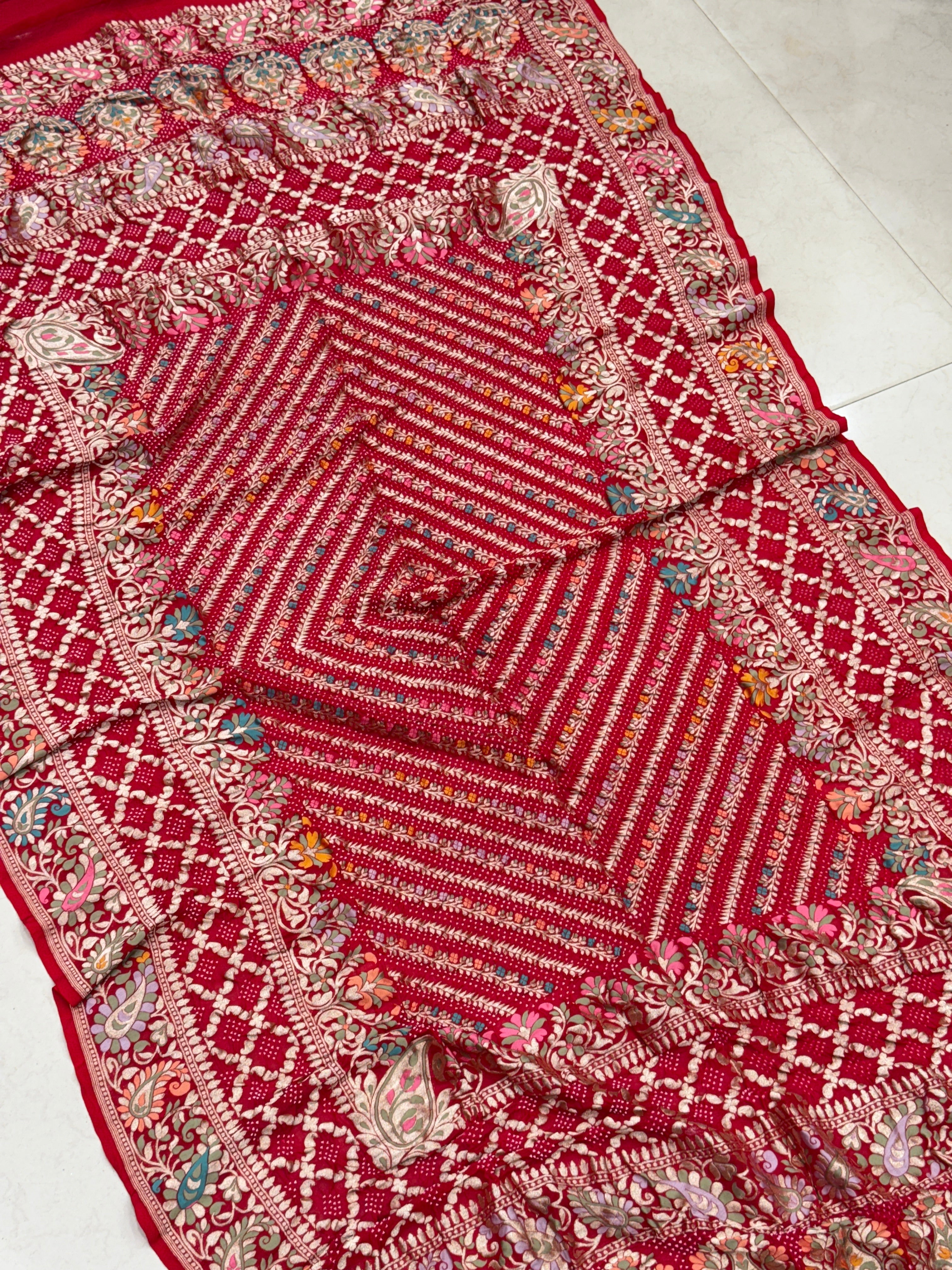 Red Jaal Double Border Handloom Meenakari Rai Bandhej Pure Zari Dupatta
