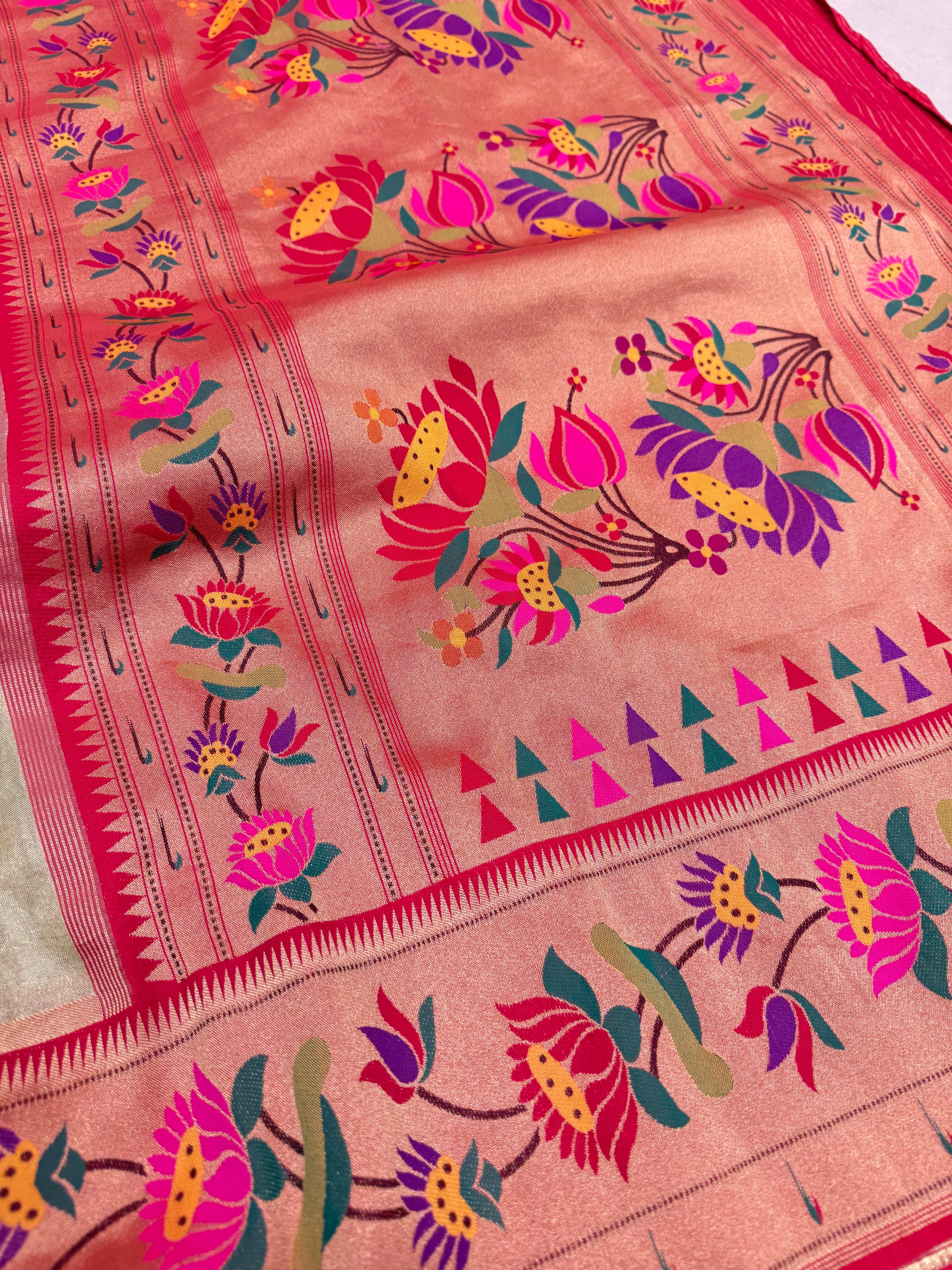 Pista Green Tissue Paithani Lotus Border Saree