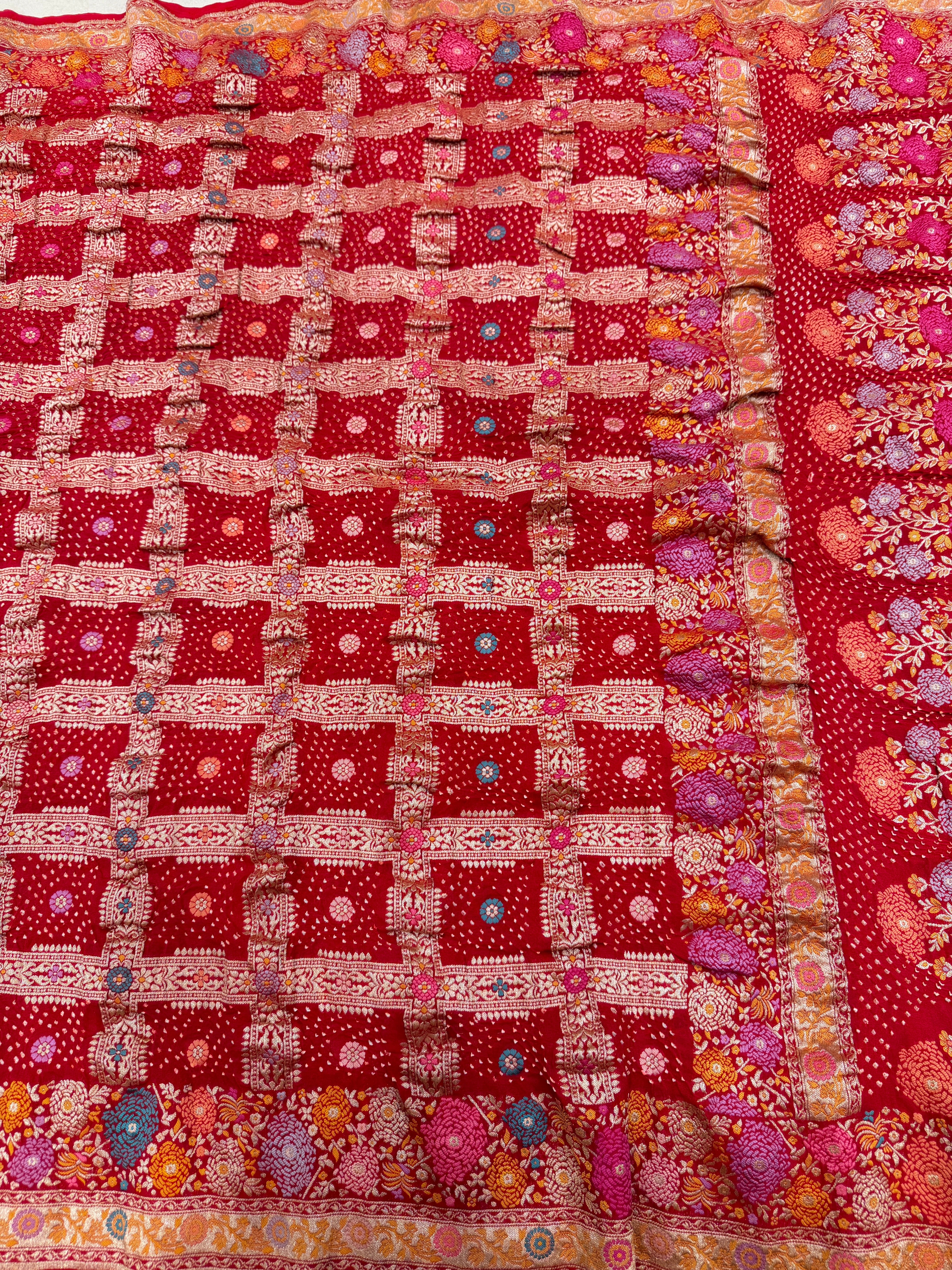 Red Meenakari Checkered Rai Bandhej Bandhini Saree