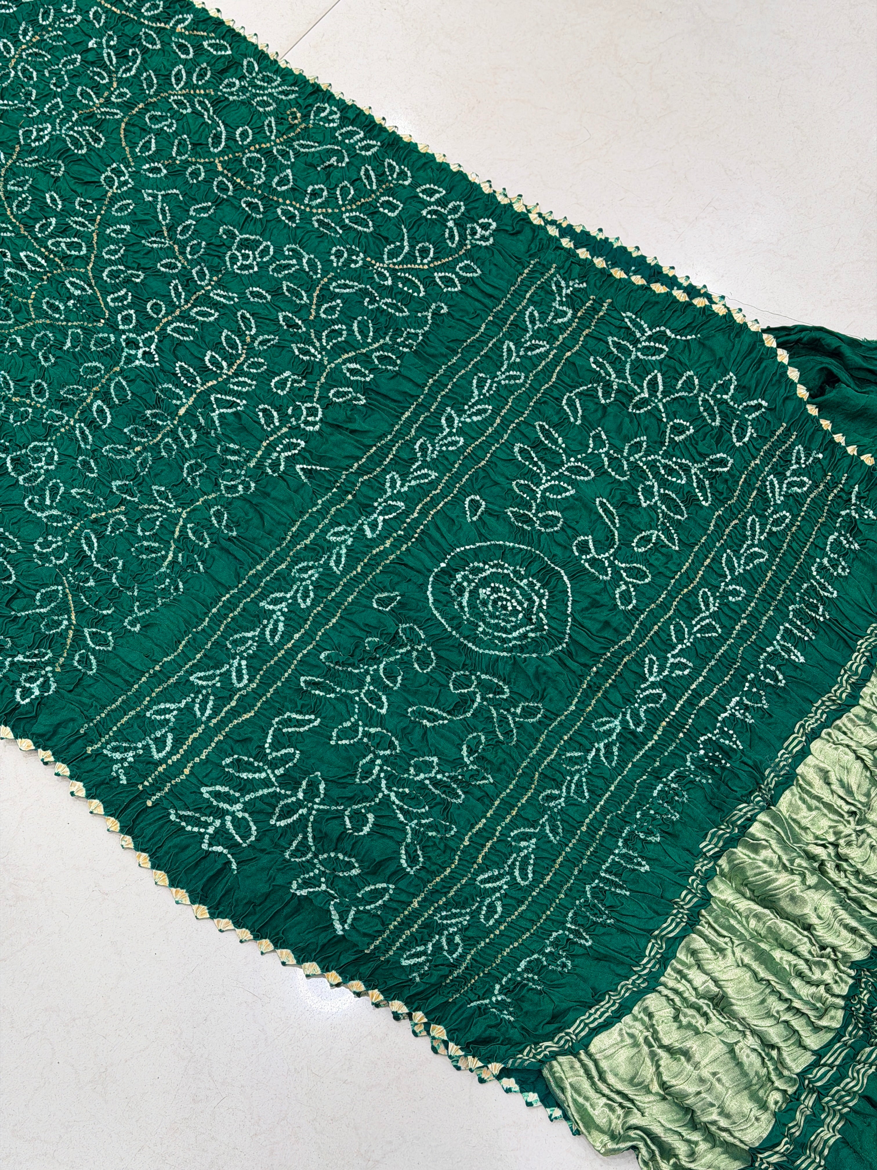 Bottle Green Ambadal Pure Gajji Silk Rai Bandhej Hand Made Saree