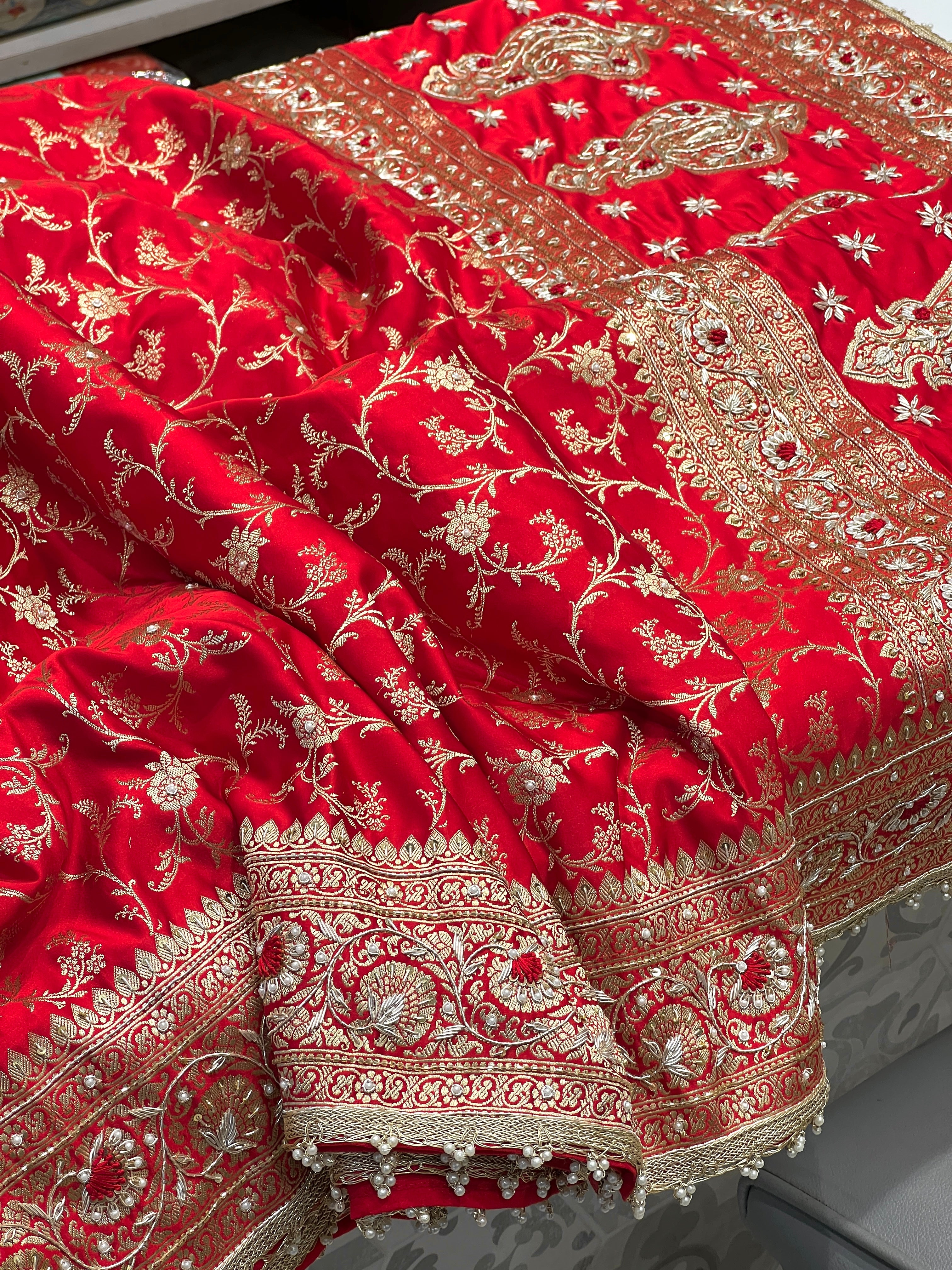 Red Banarasi Rose Jaal Resham Hand Embroidery Saree