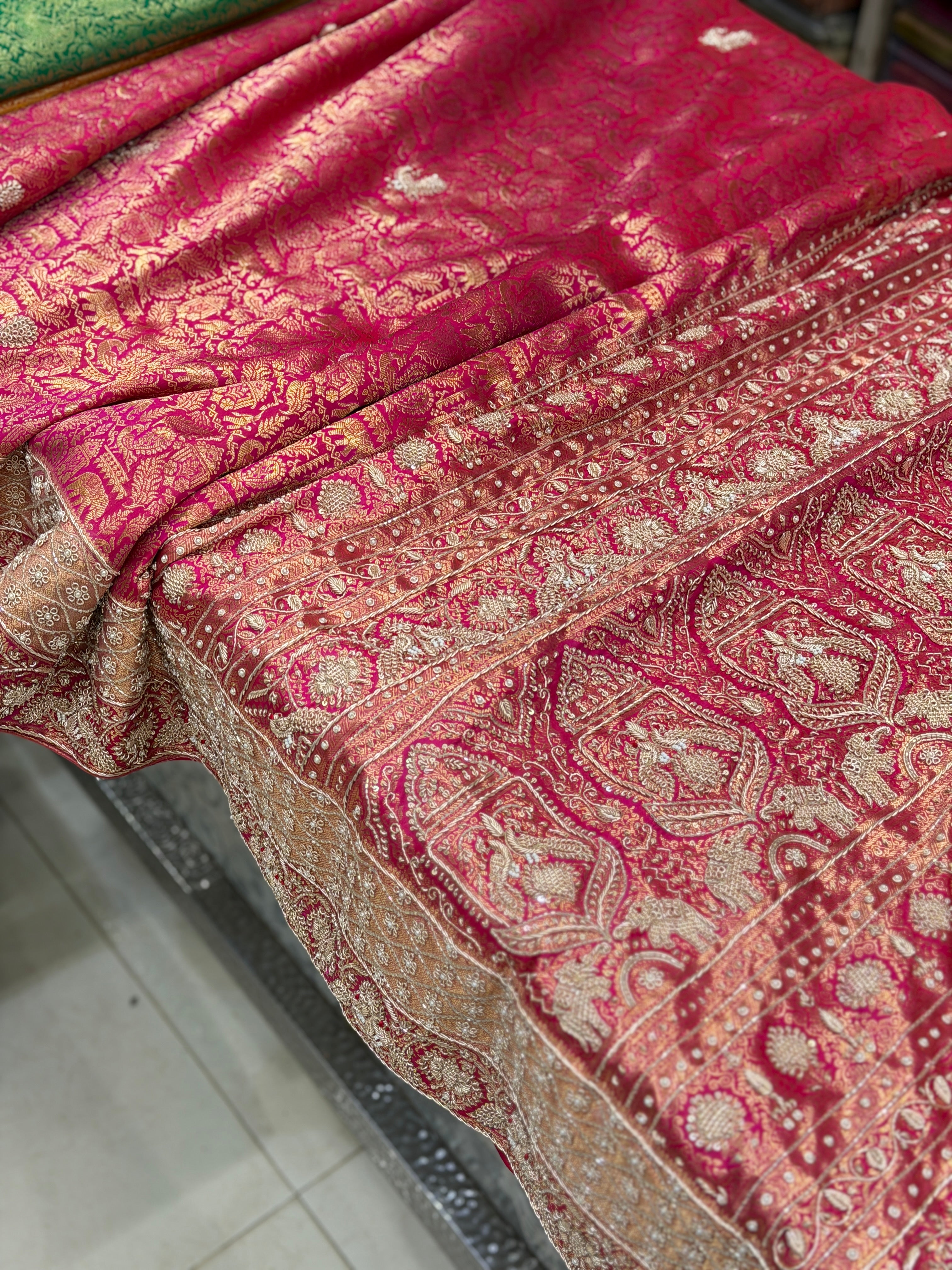 Rani Pink Kanjivaram Peacock Motifs Zardosi Hand Embroidery Saree