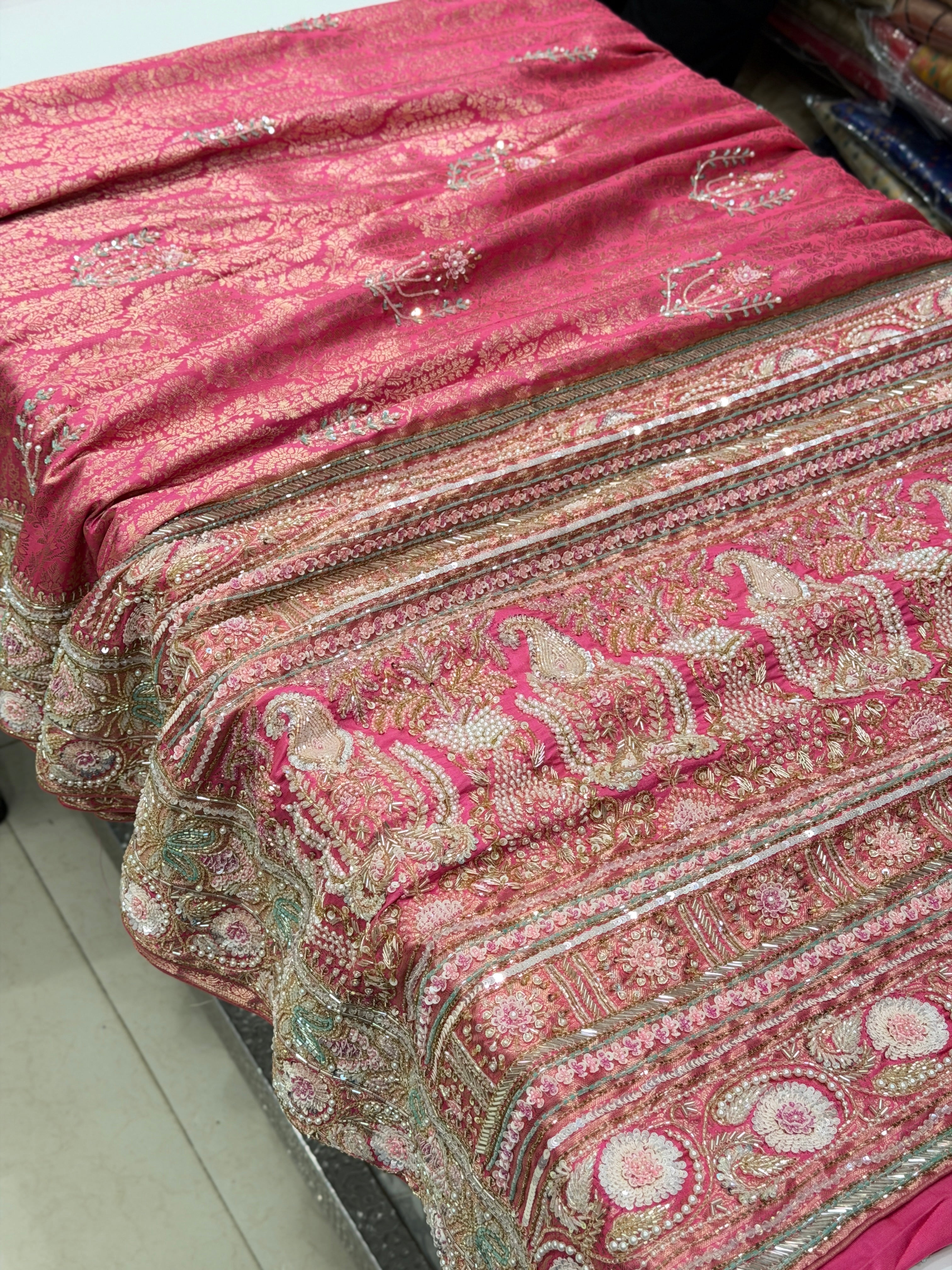 Crimson Pink Kanjivaram Moti Zardosi Hand Embroidery Saree