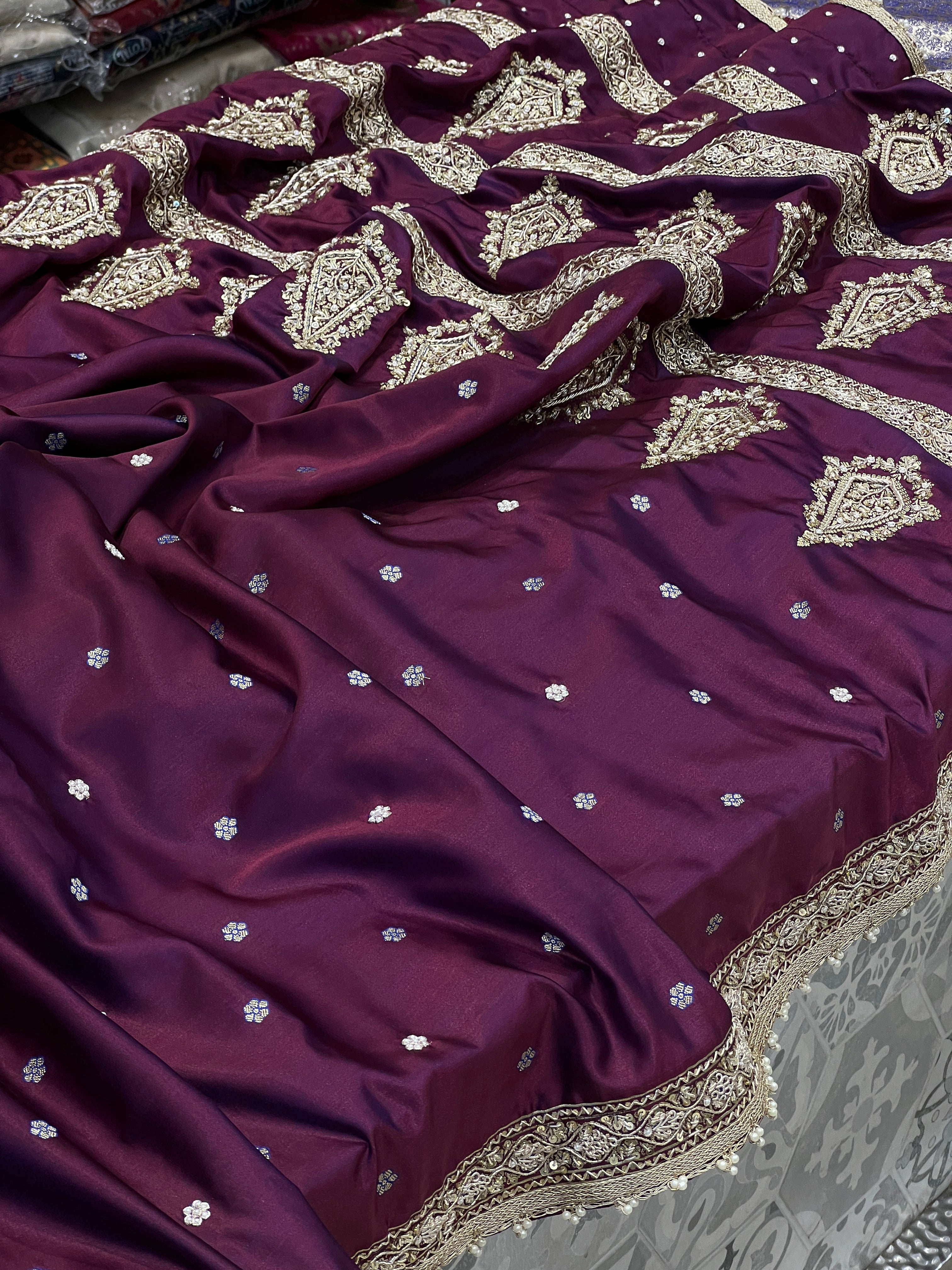 Wine Dhup Chav Banarasi Hand Embroidery Saree