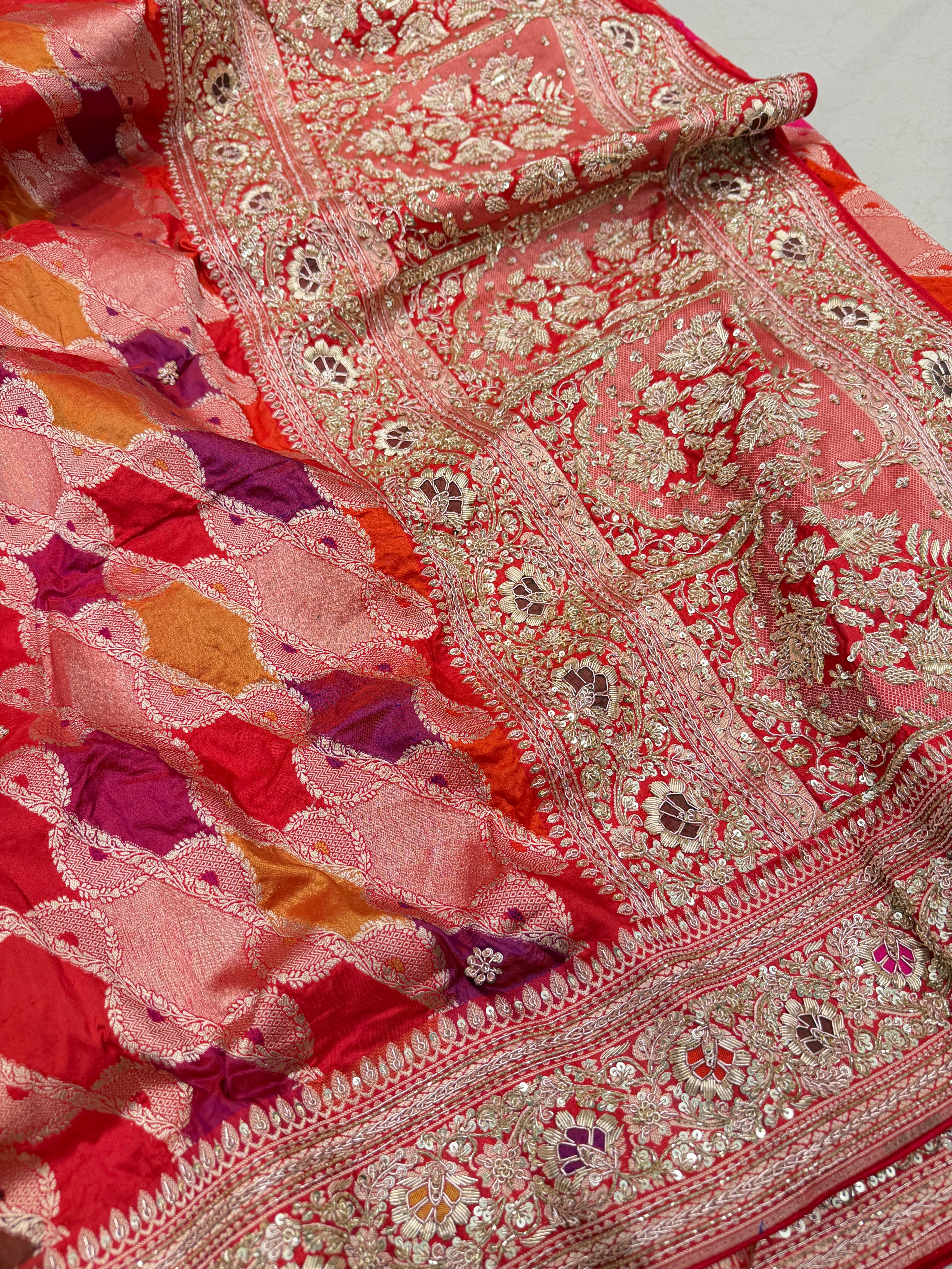 Red Handloom Banarasi Rangkat Zardosi Hand Embroidery Saree