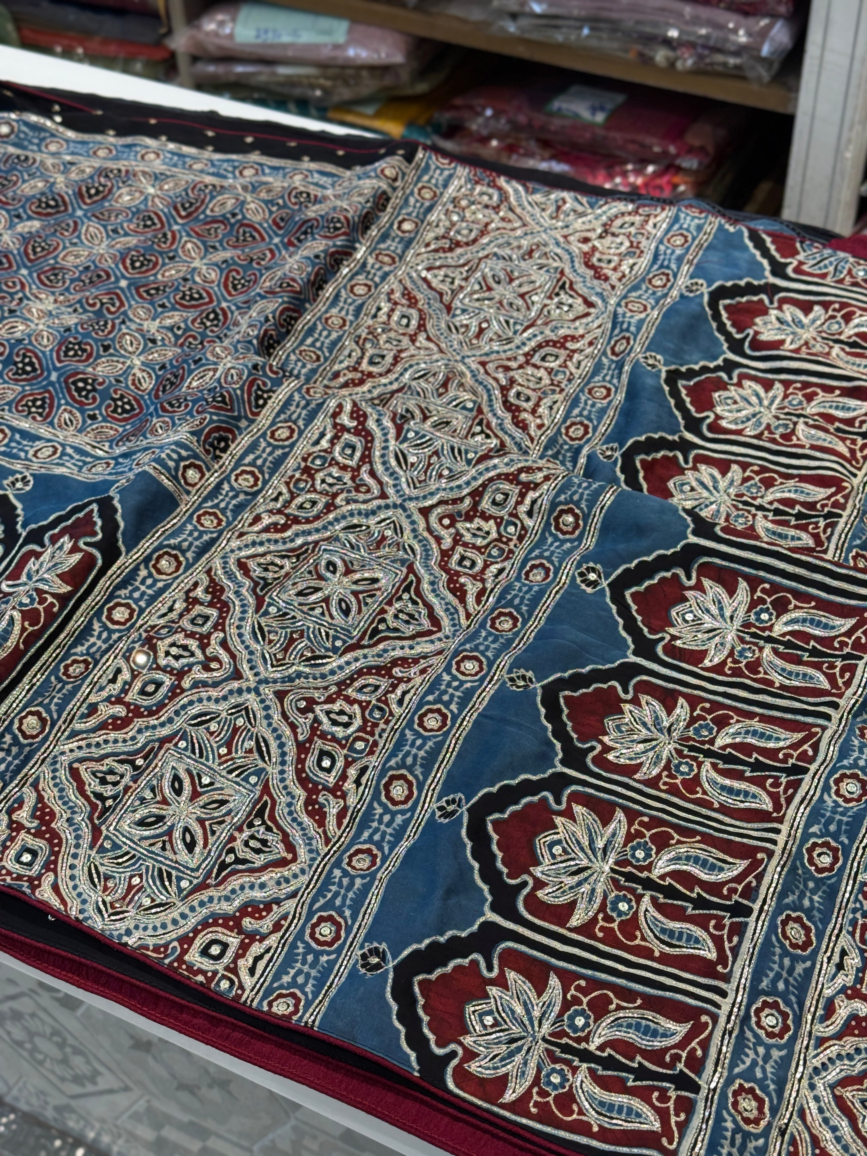 Ajrakh Blue Pita Hand Embroidery Saree