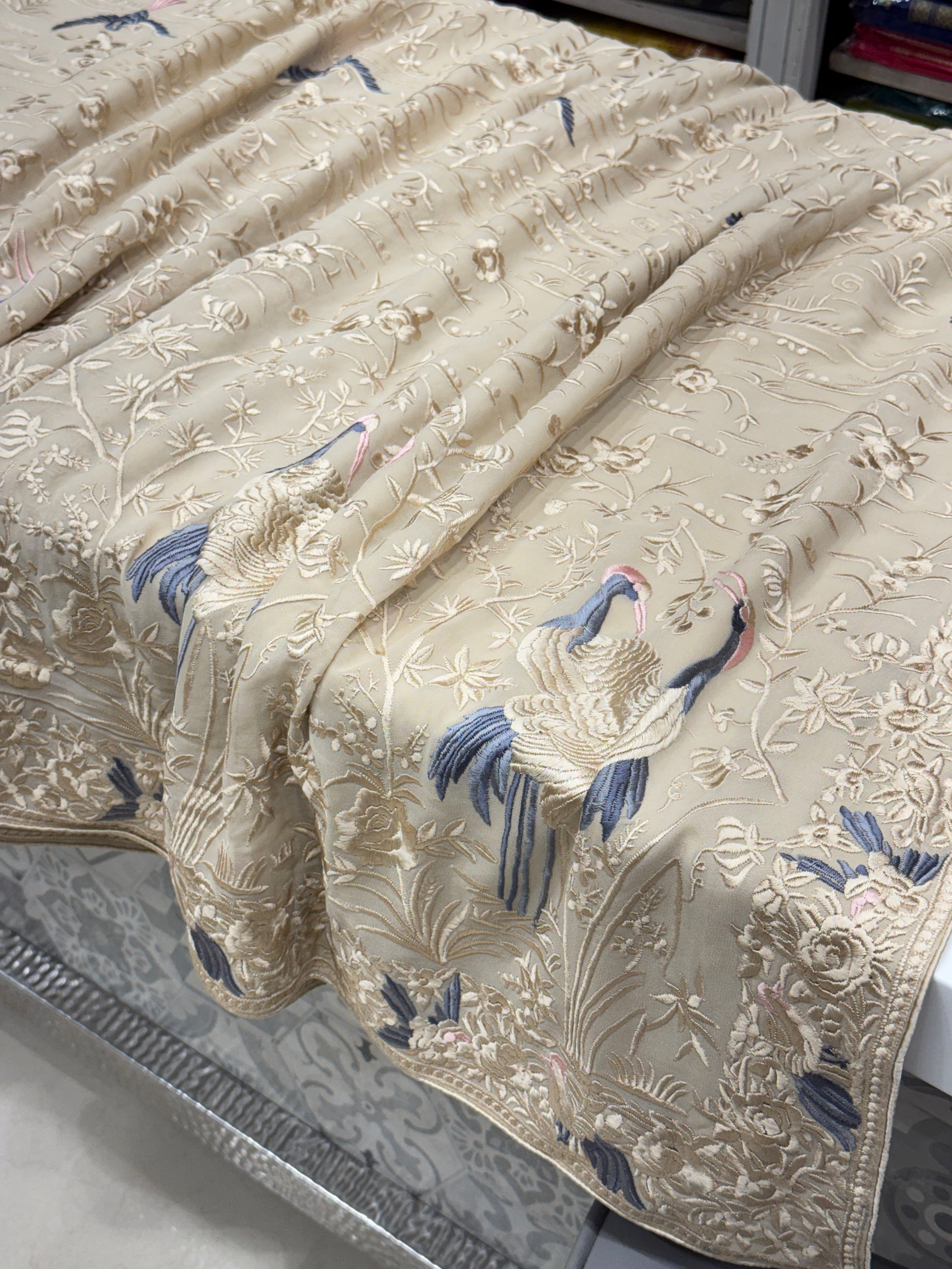 Beige Georgette Flamingo Parsi Gara Saree