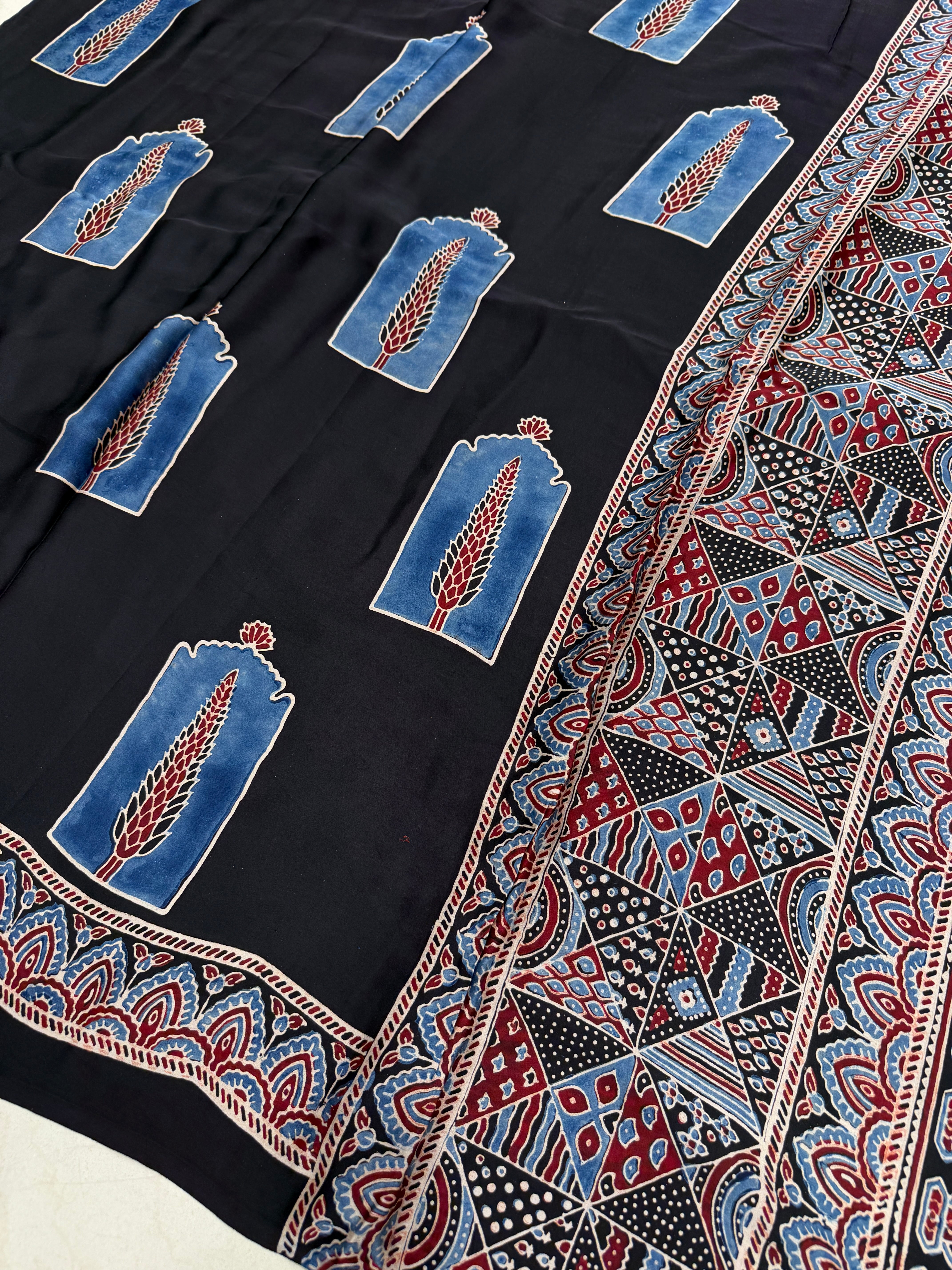 Black Contemporary Buttas Ajrakh Hand Block Print Pure Gajji Silk Saree