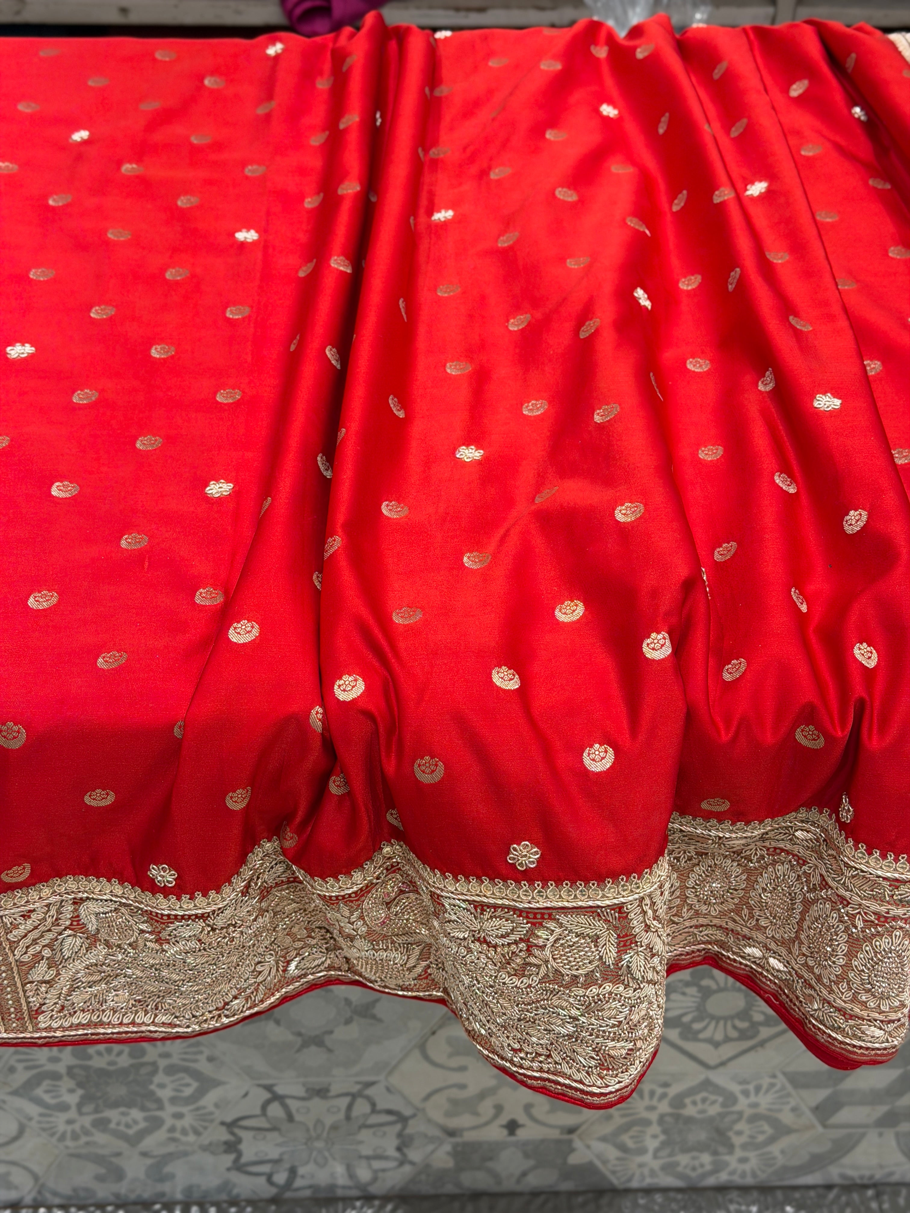 Red Chand Butti Zardosi Hand Embroidery Saree