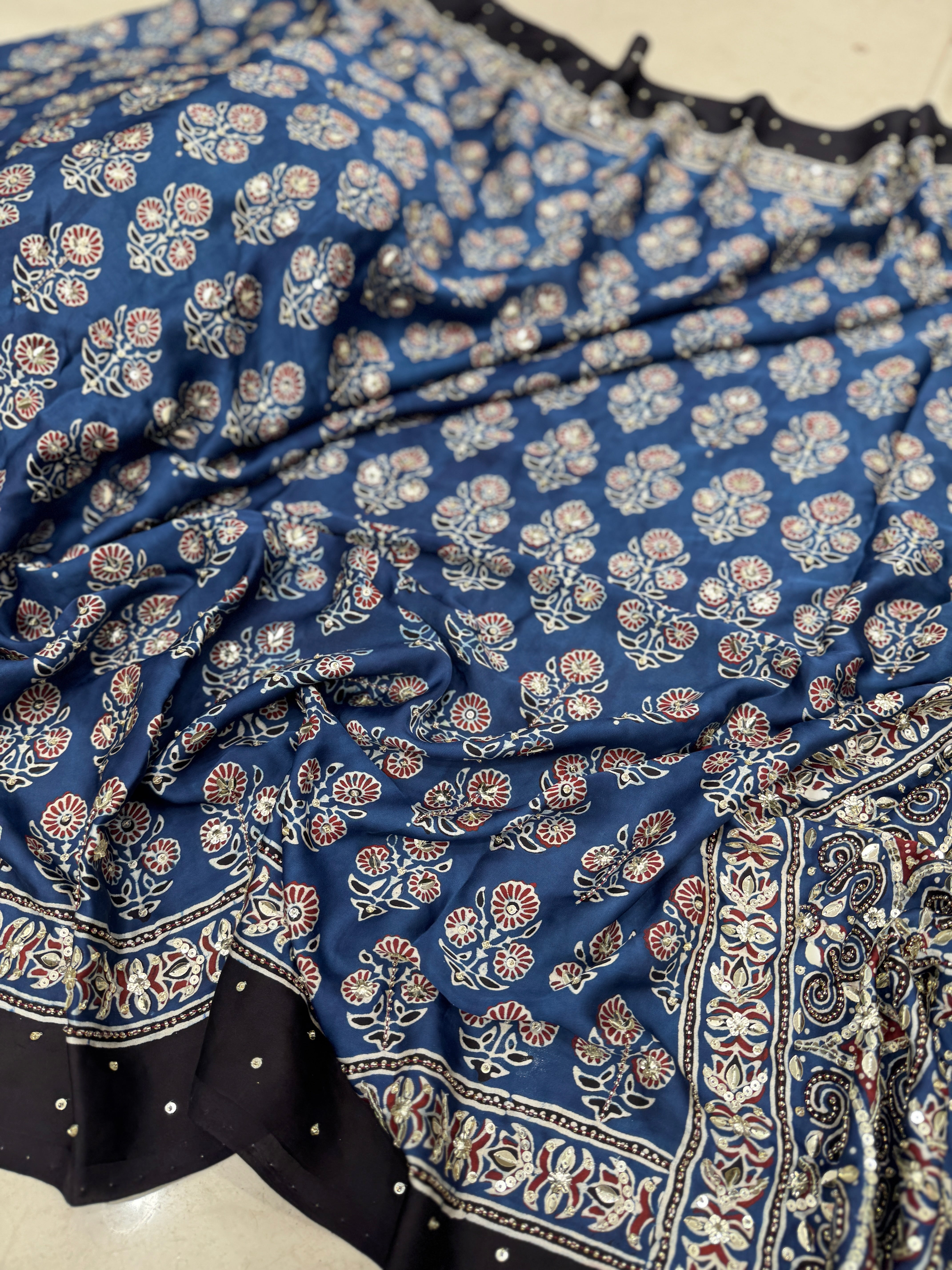 Blue Teen Buttis Ajrakh Hand Embroidery Saree