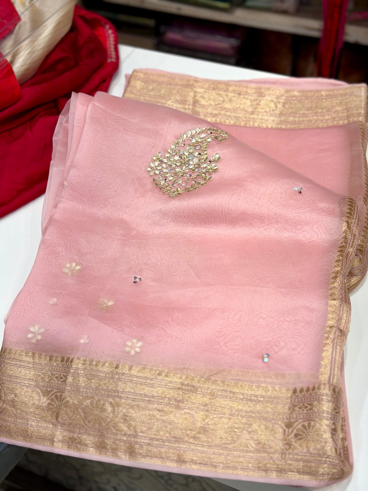 Pink Banarasi Kora Hand Embroidery Gotapatti Butta Saree