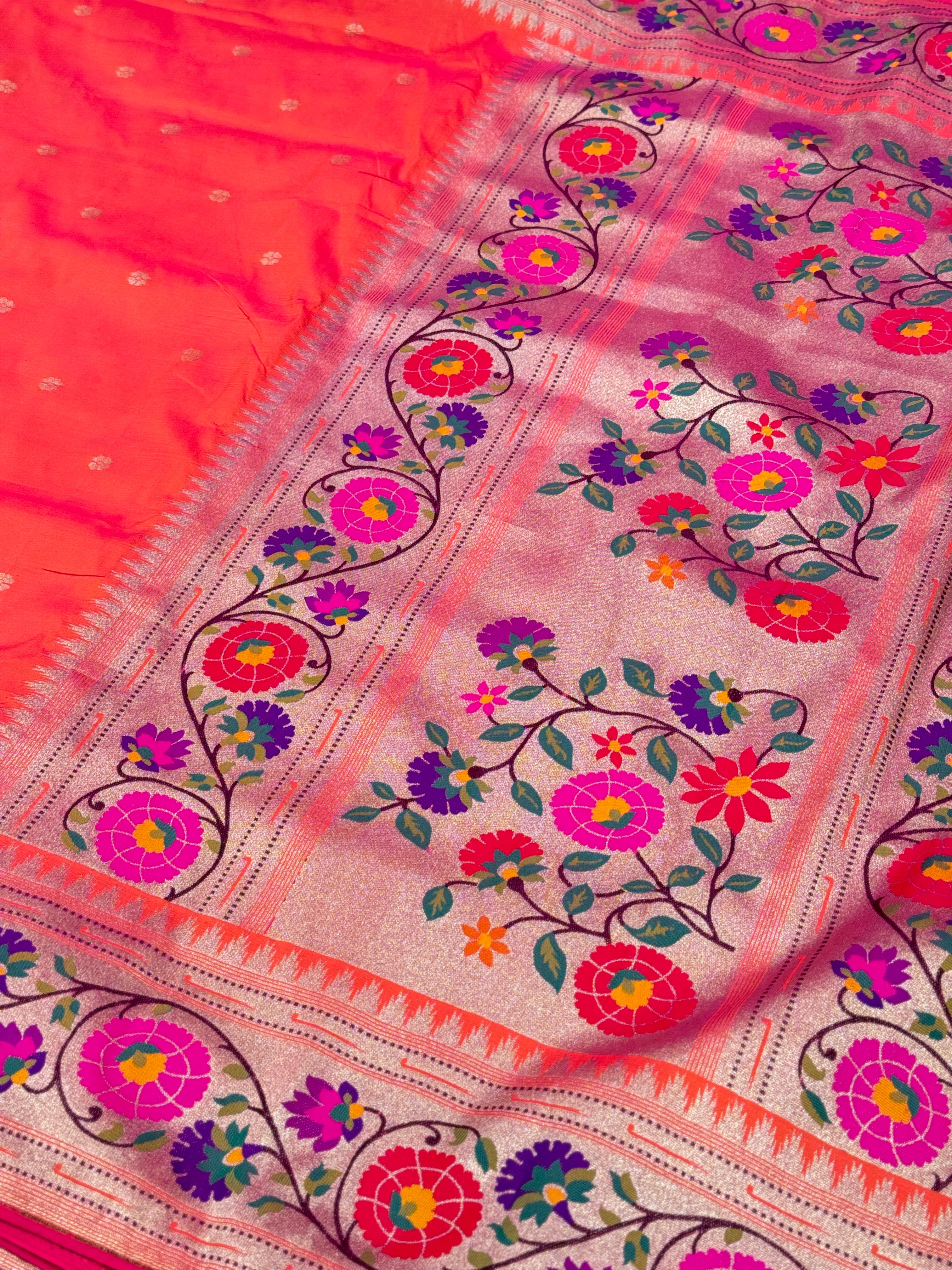 Peach Dhup Chav Lotus Border Paithani Silk Saree