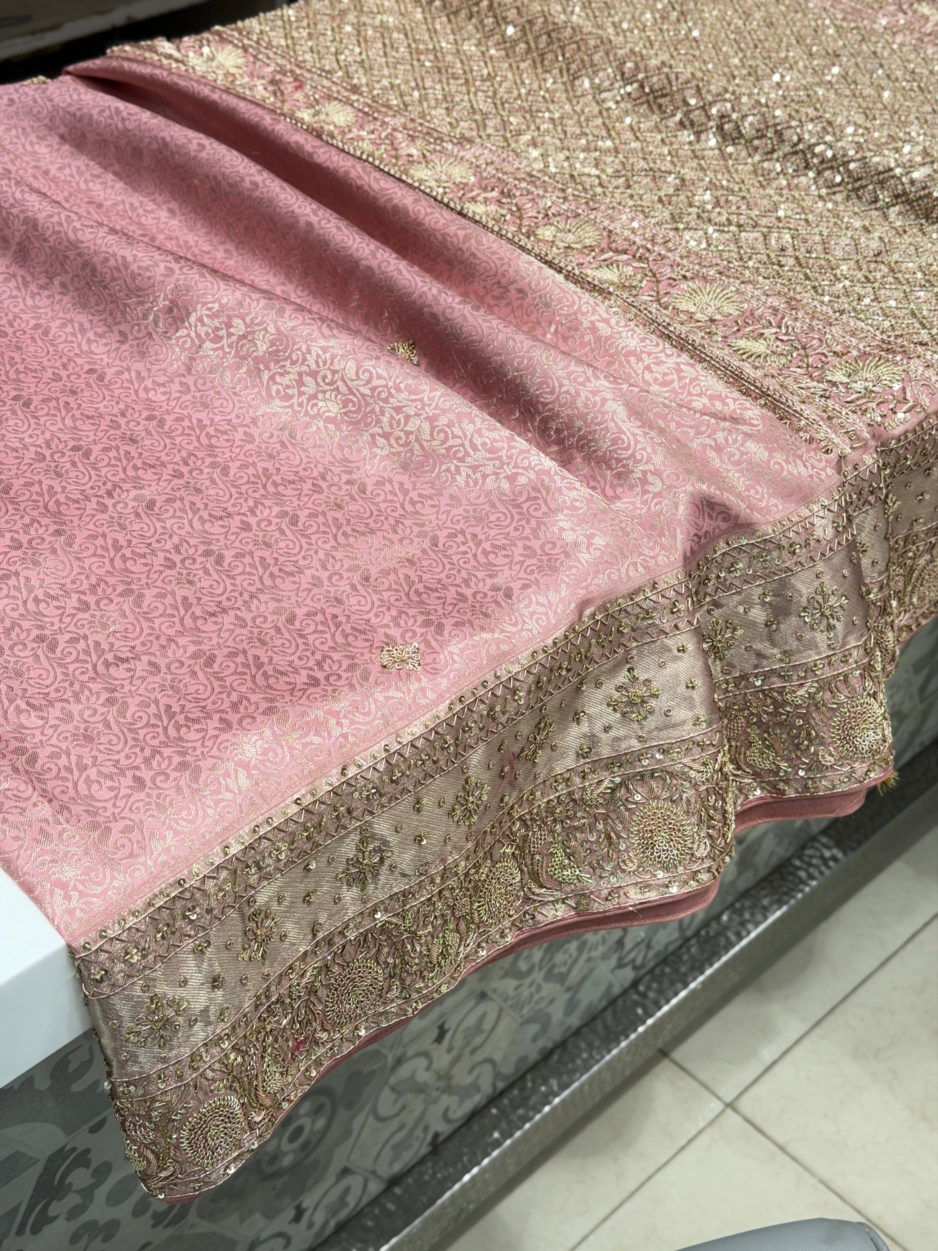 Pink Contrast Blouse Kanjivaram Zardosi Hand Embroidery Saree