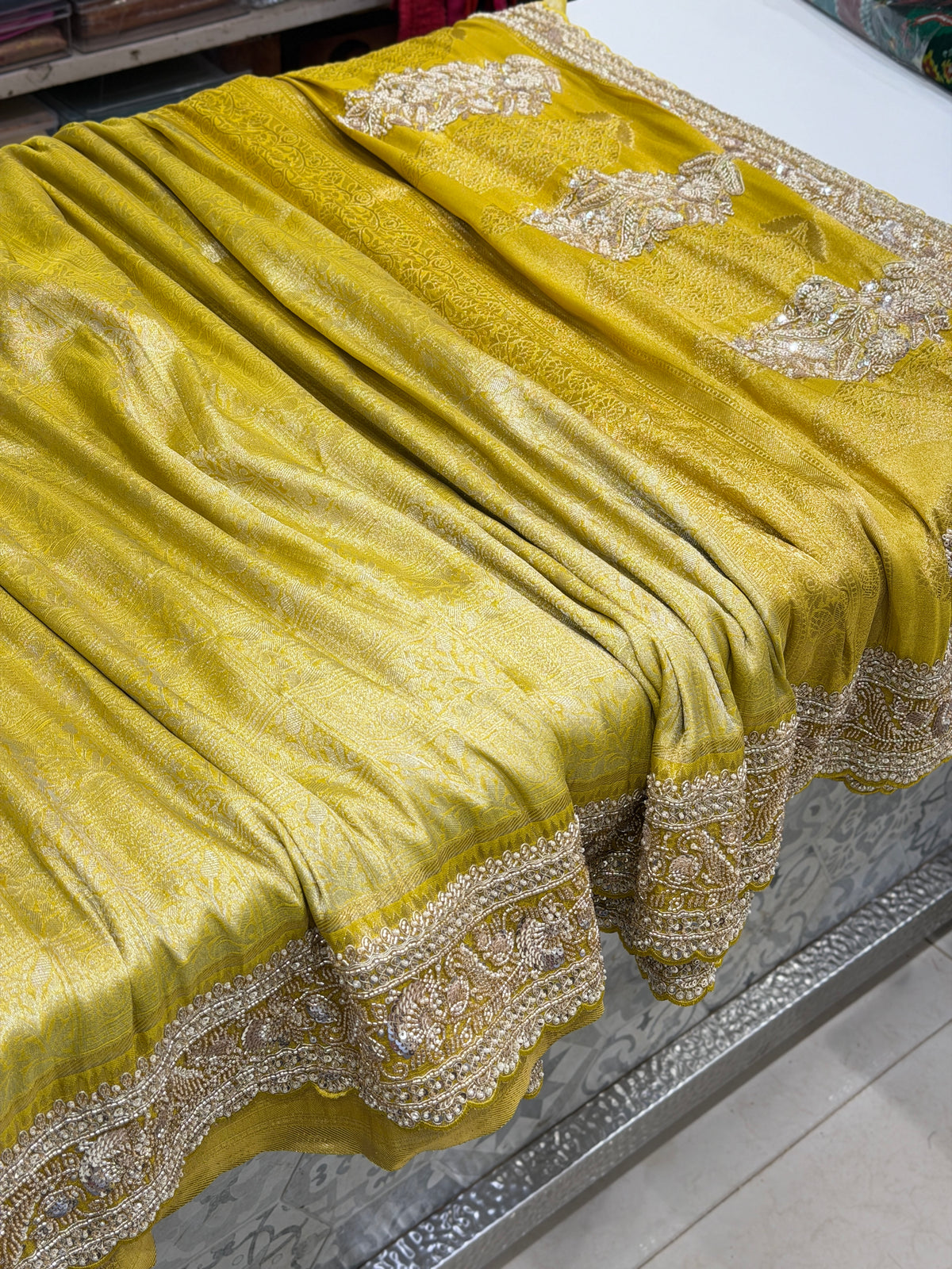 Neon Crepe Tissue Woven Silk Moti Sequin Saree