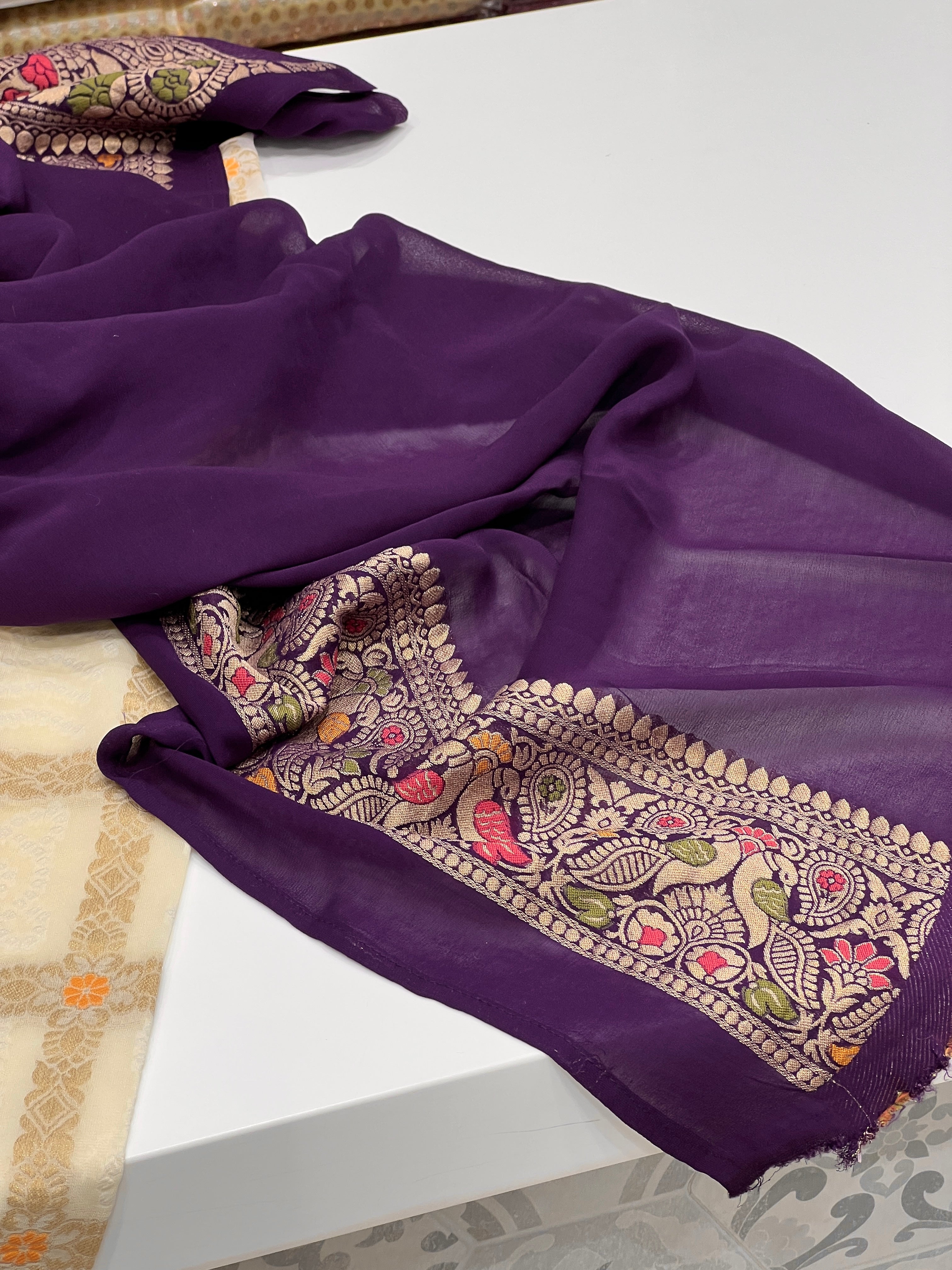 Beige Purple Georgette Gharchola Saree