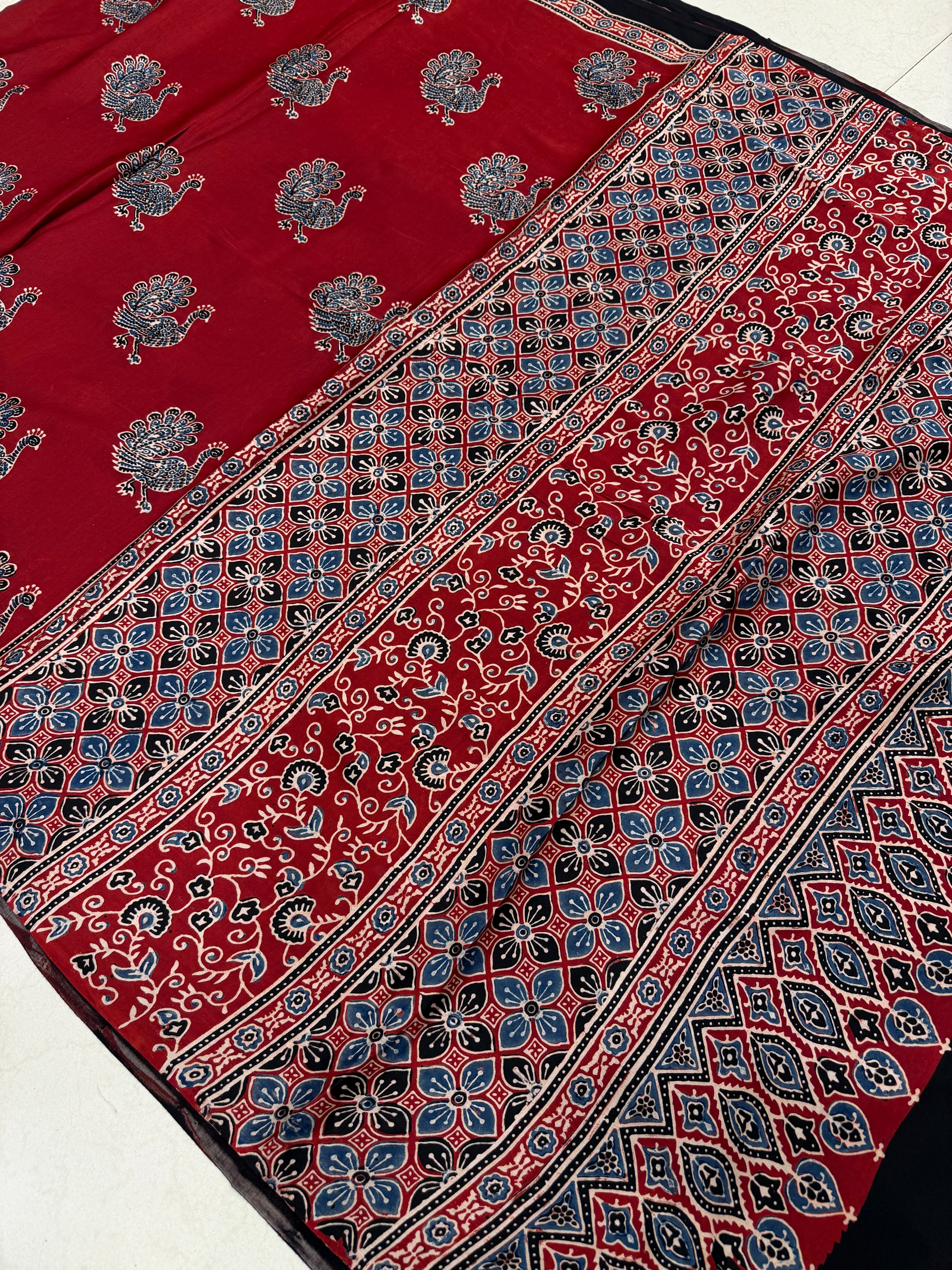 Red Peacock Motif Ajrakh Block Print Hand Pure Gajji Silk Saree