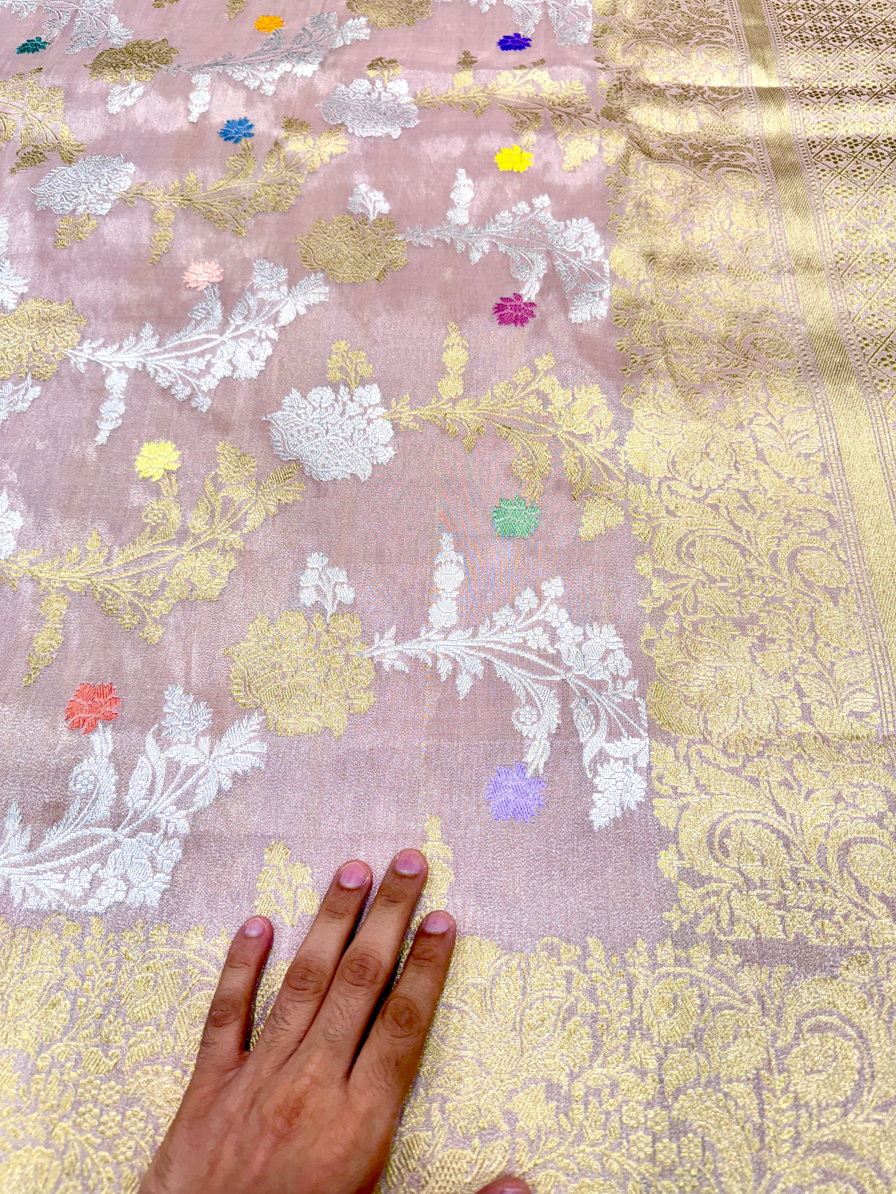 Pink Handloom Meenakari Banarasi Tissue Kadwa Weave Jaal Saree