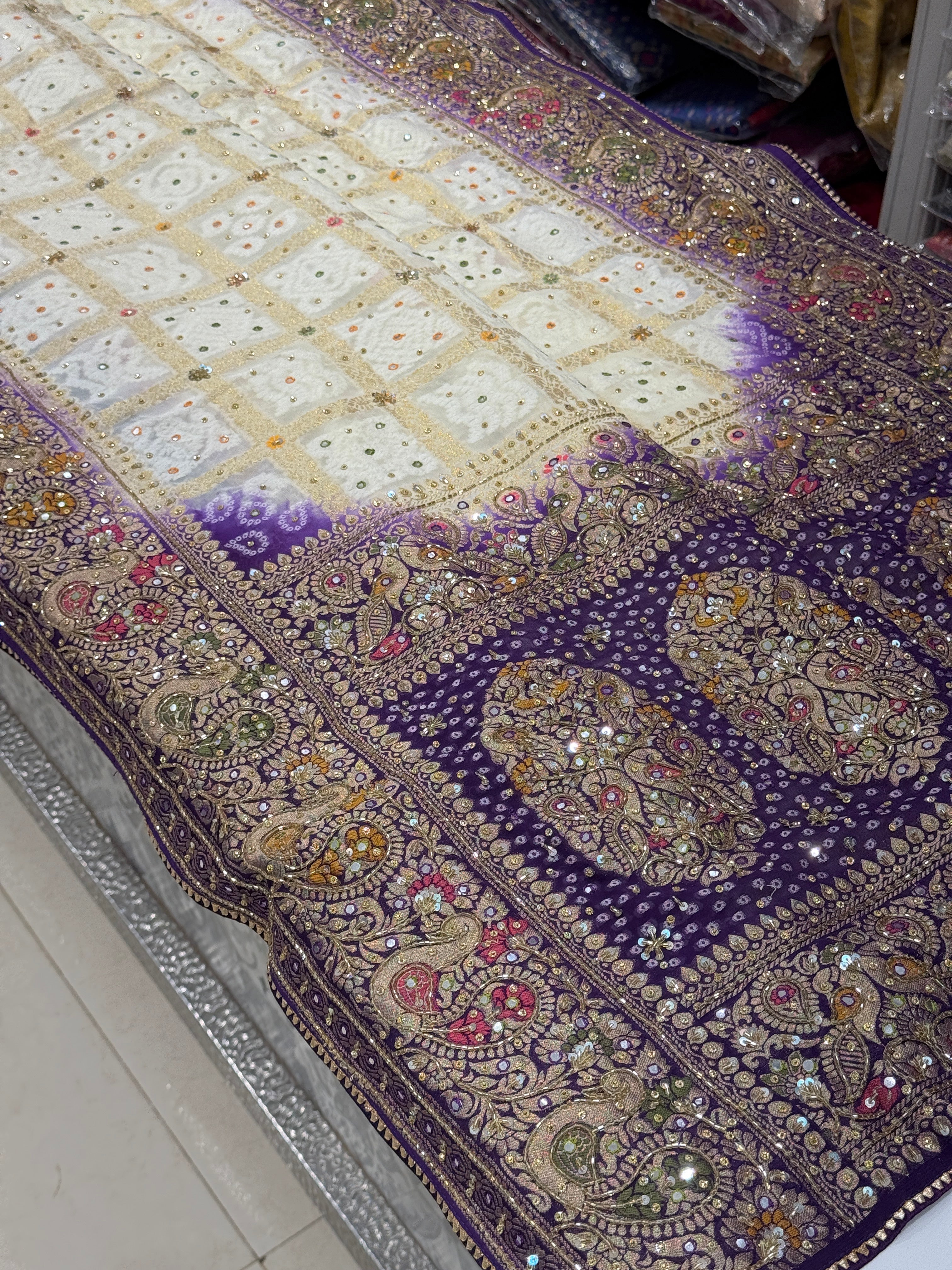 Beige Violet Gharchola Hand Embroidery Saree