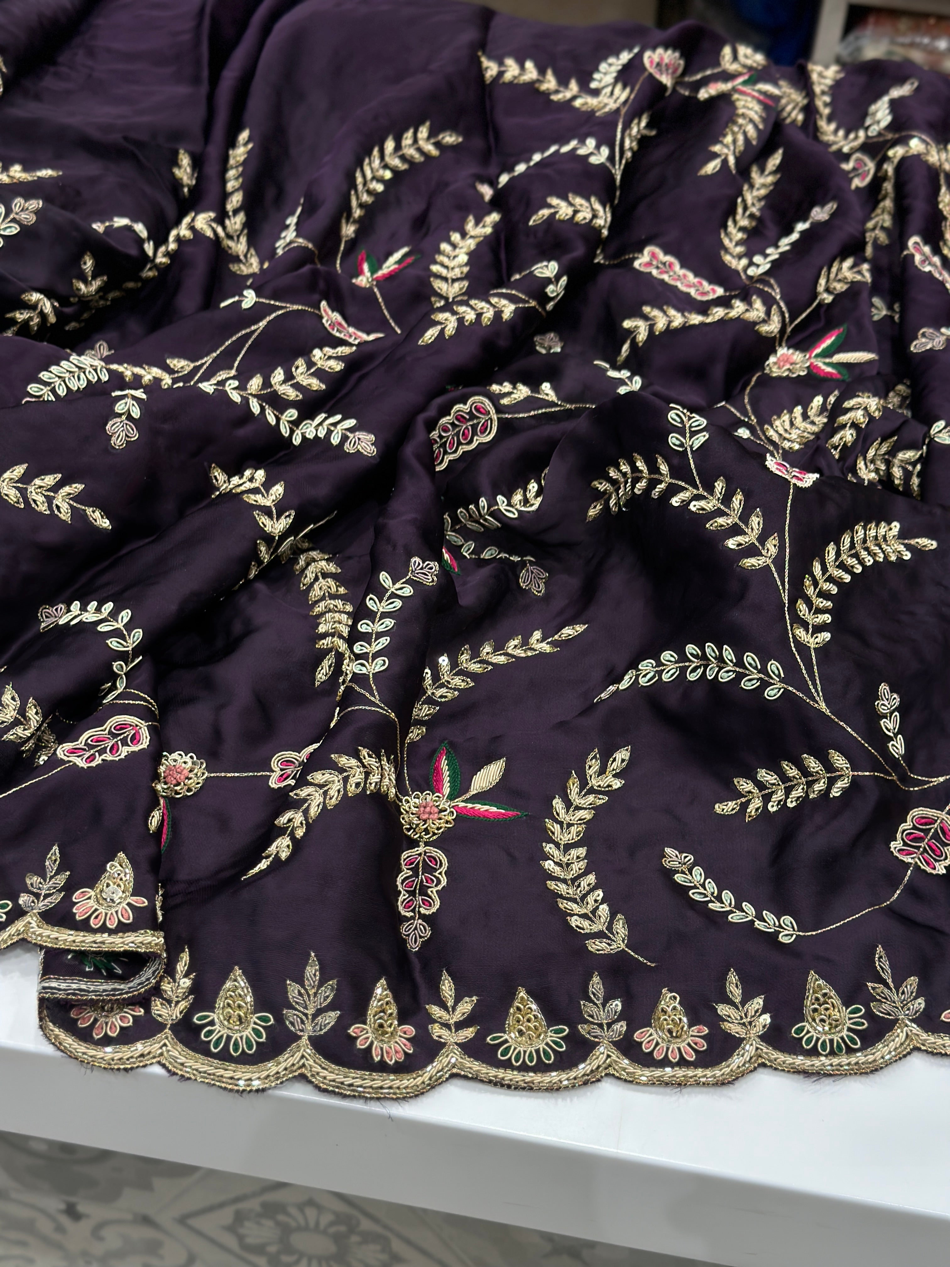 Wine Satin Organza Zardosi Resham Embroidery Saree