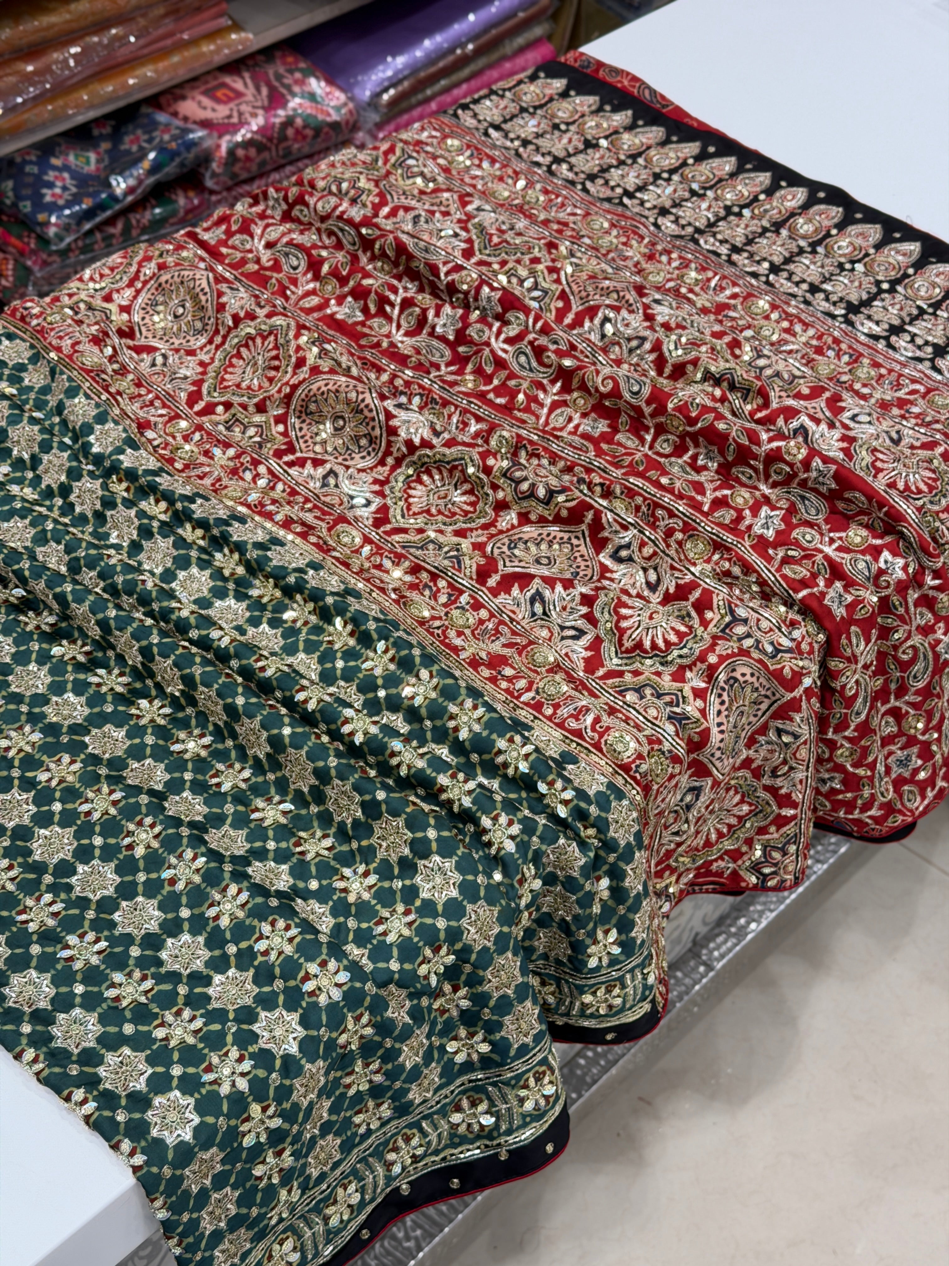 Green Red Floral Jaal Pita Sequin Ajrakh Hand Embroidery Saree