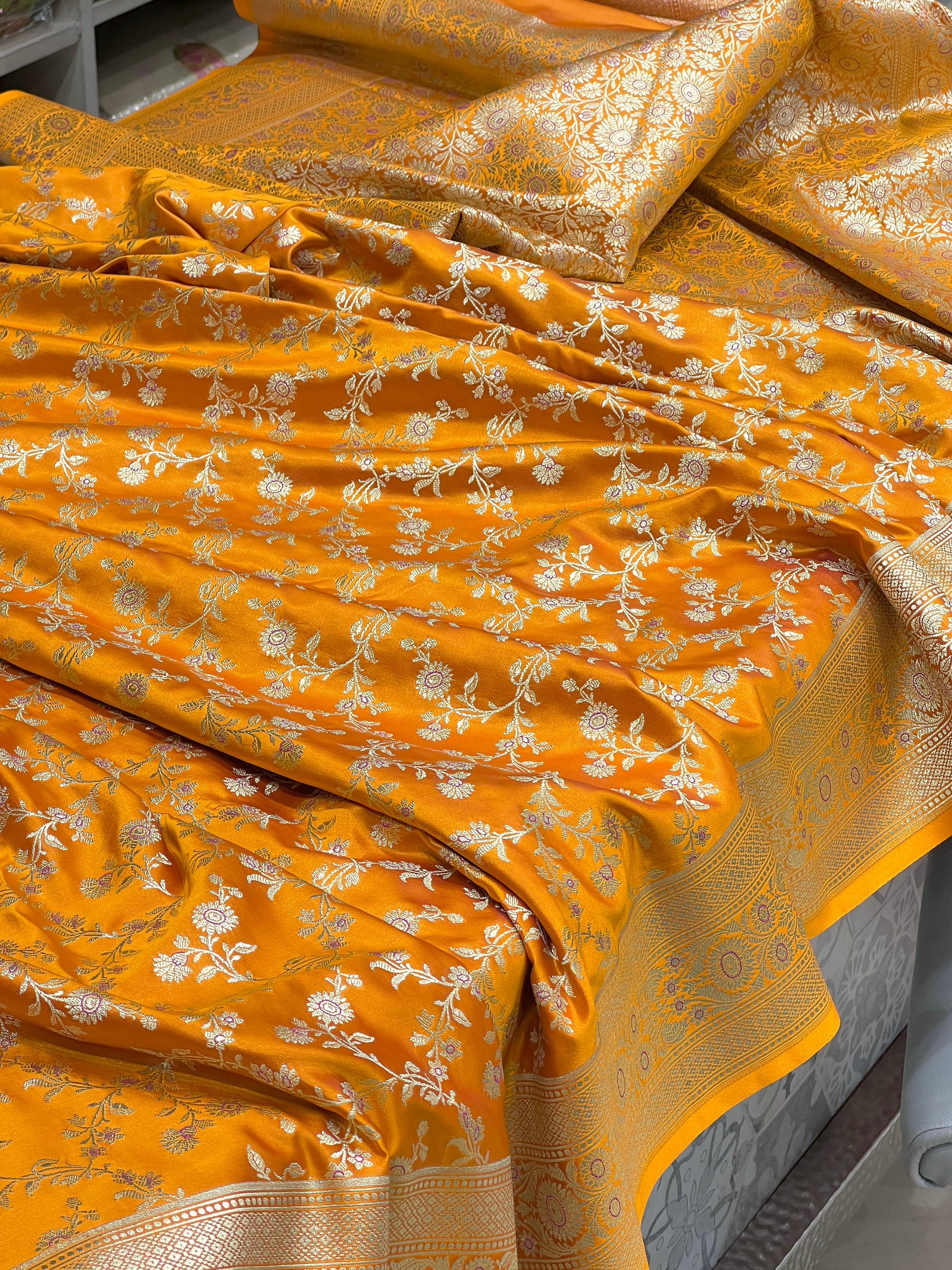 Mango Yellow Banarasi Flower Border Saree