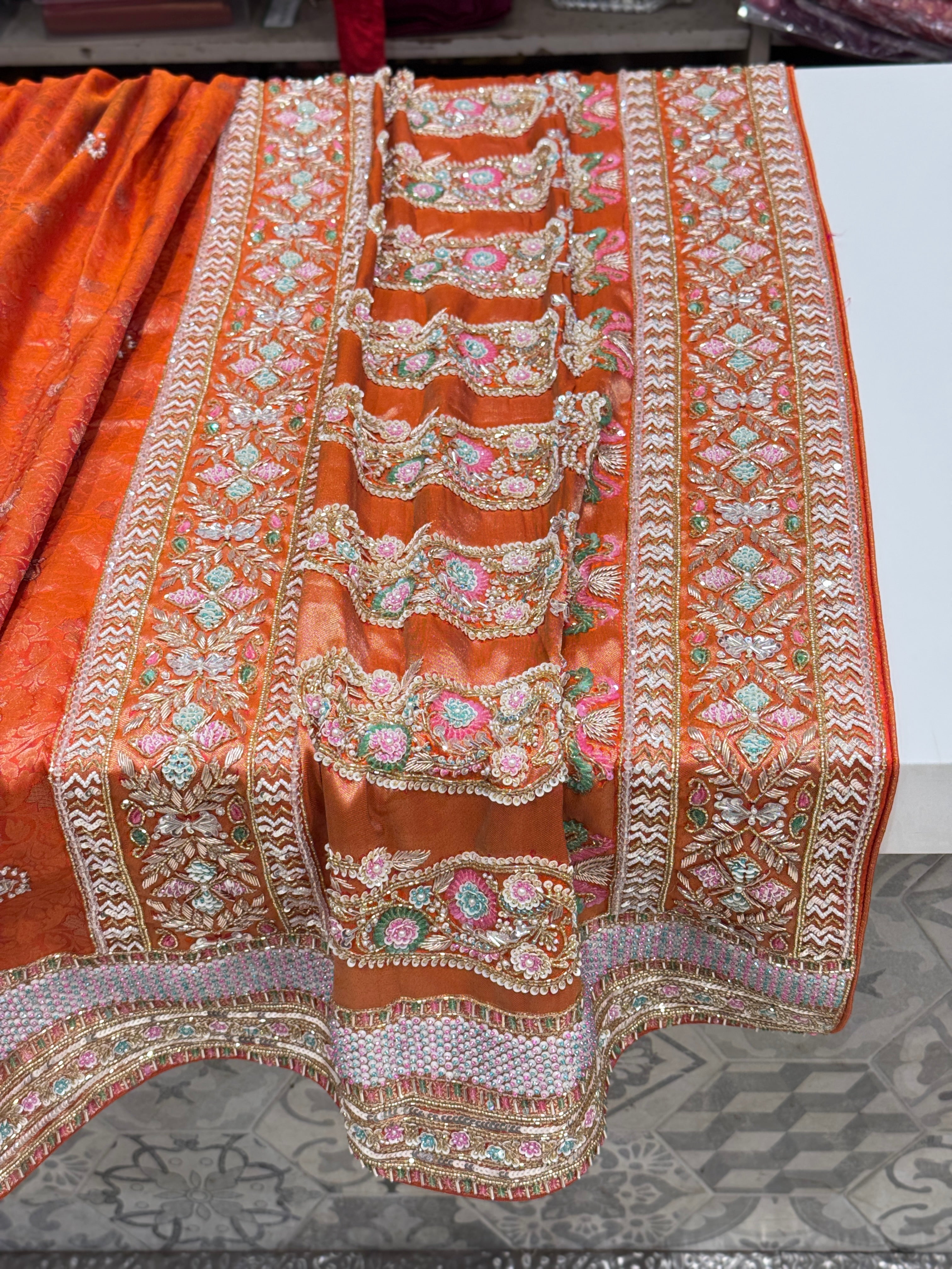 Rust Orange Kanjivaram Silk Hand Embroidery Saree