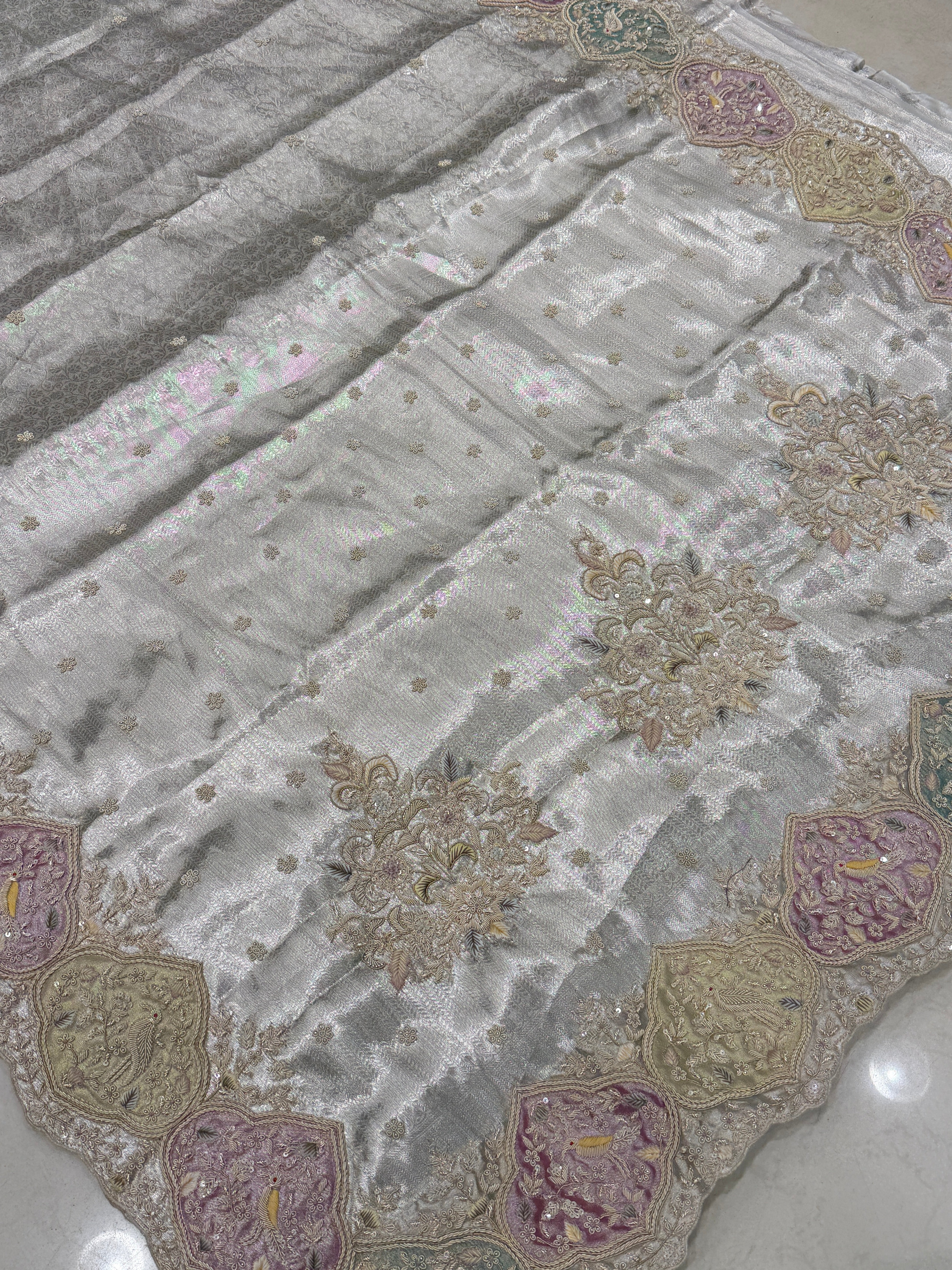 Silver Tissue Kanjivaram Zardosi Patch Work Hand Embroidery Saree