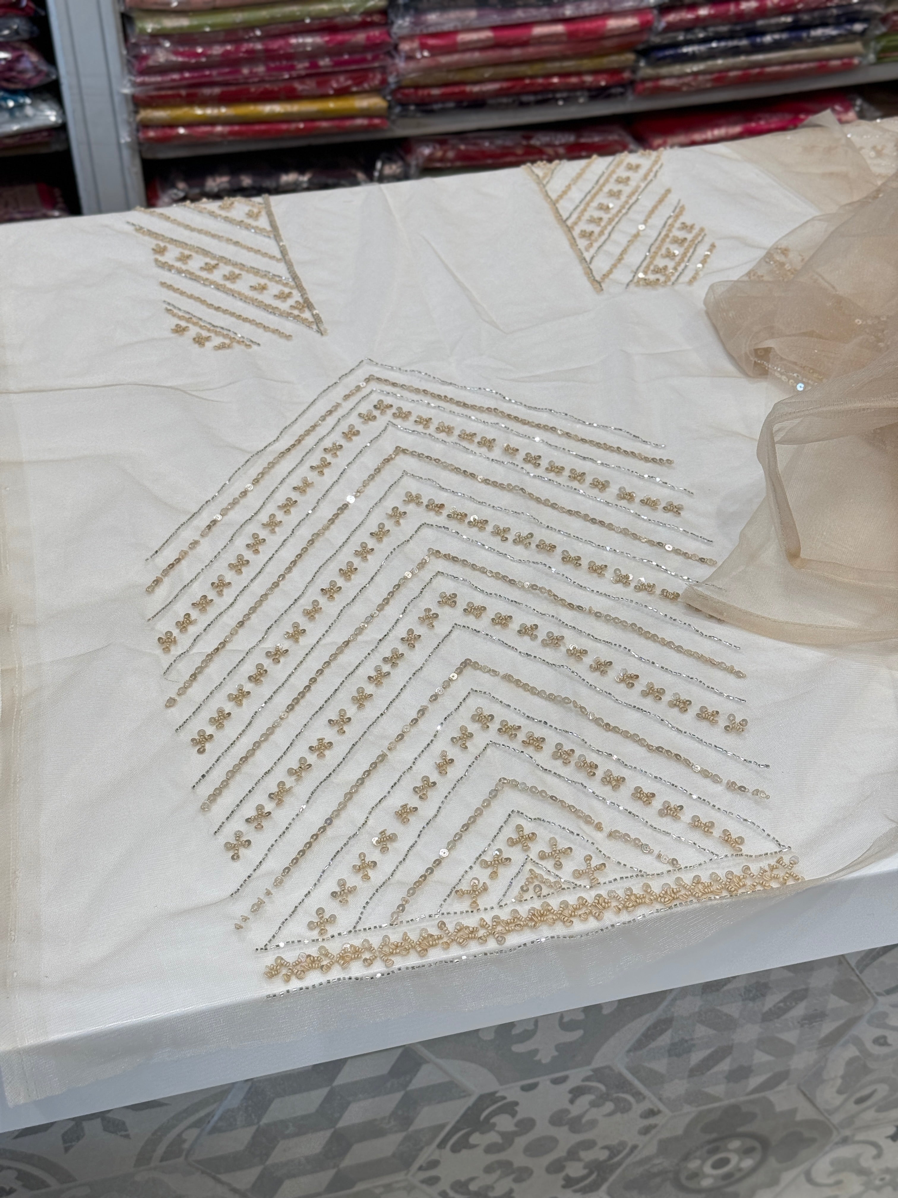 Beige Net Heavy Embroidery Saree