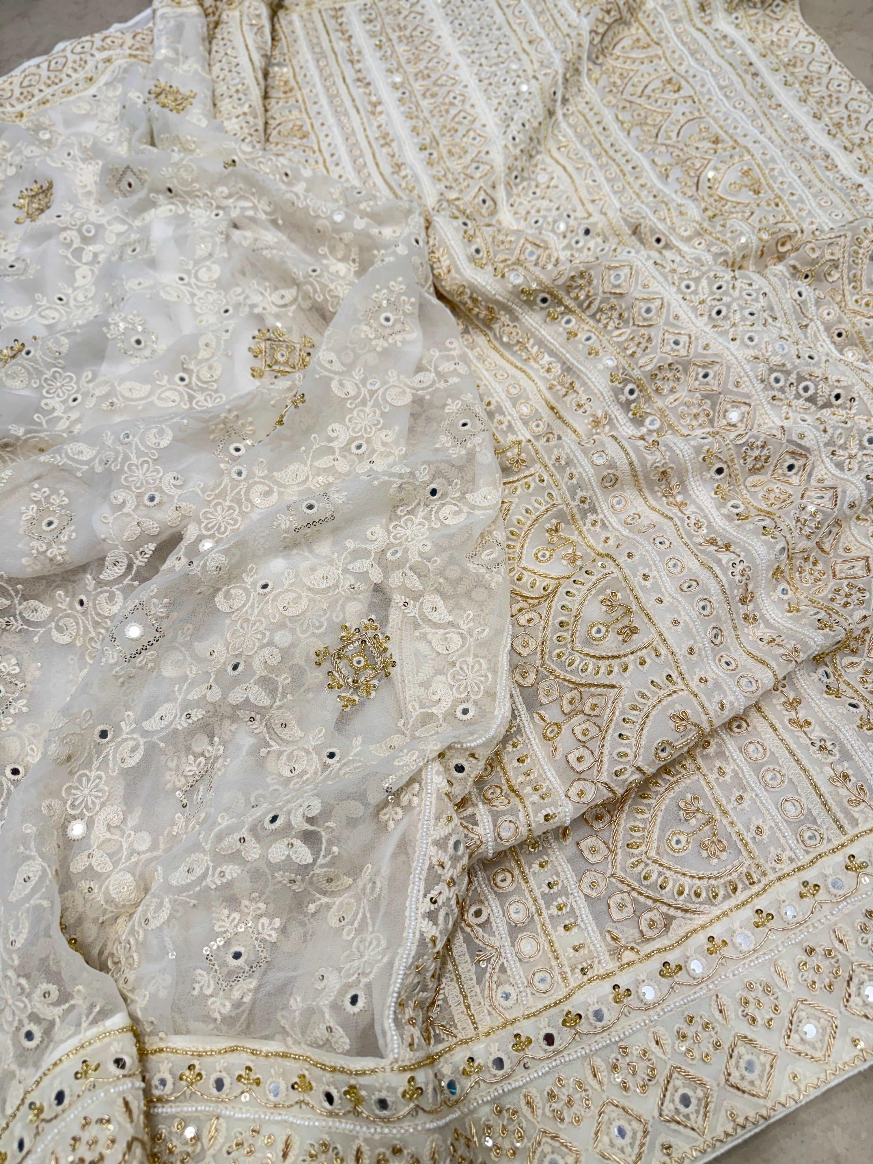White Chikankari Zardosi Moti Hand Embroidery Saree