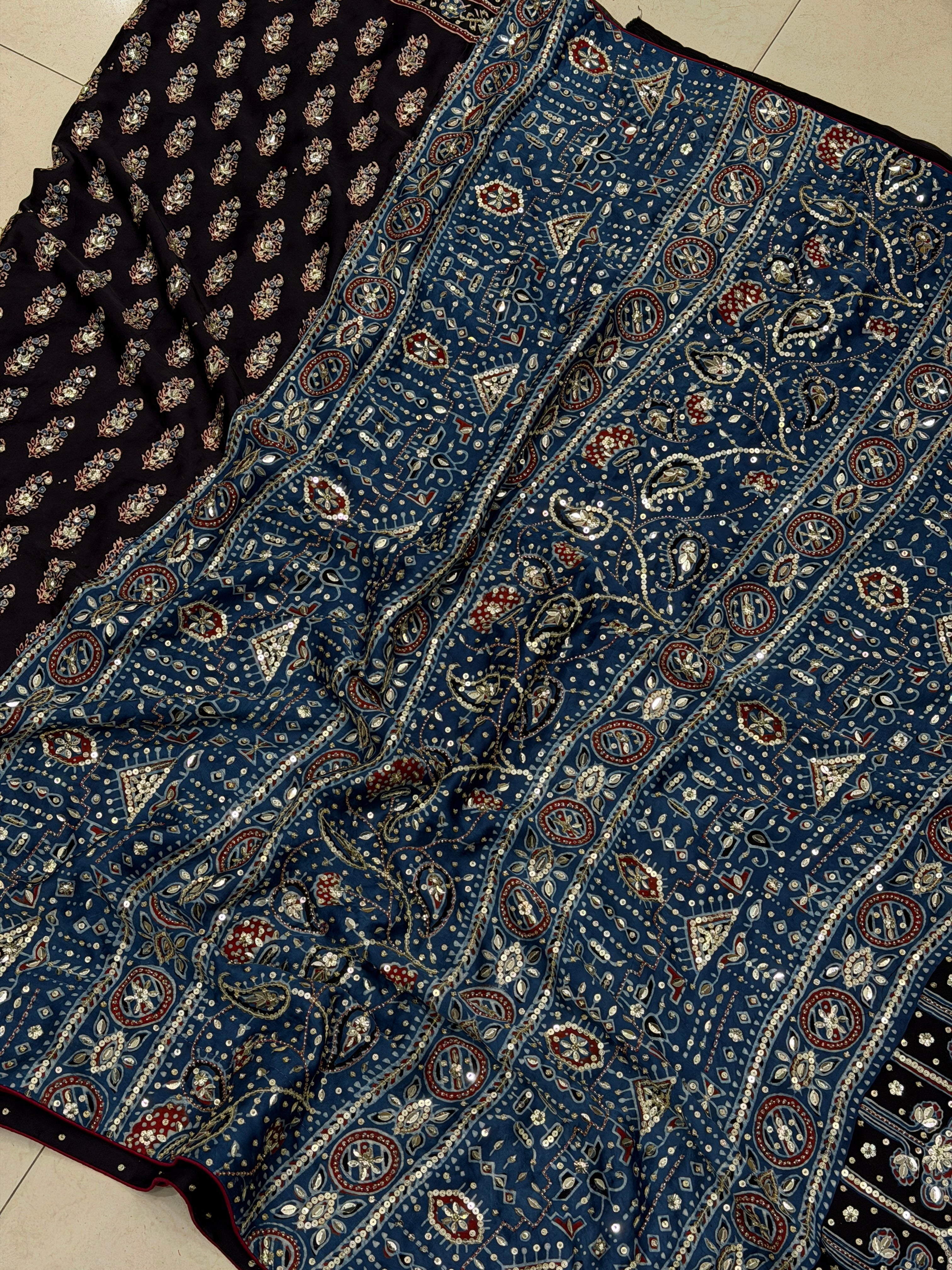 Black Blue Butti Ajrakh Sequin Moti Hand Embroidery Saree