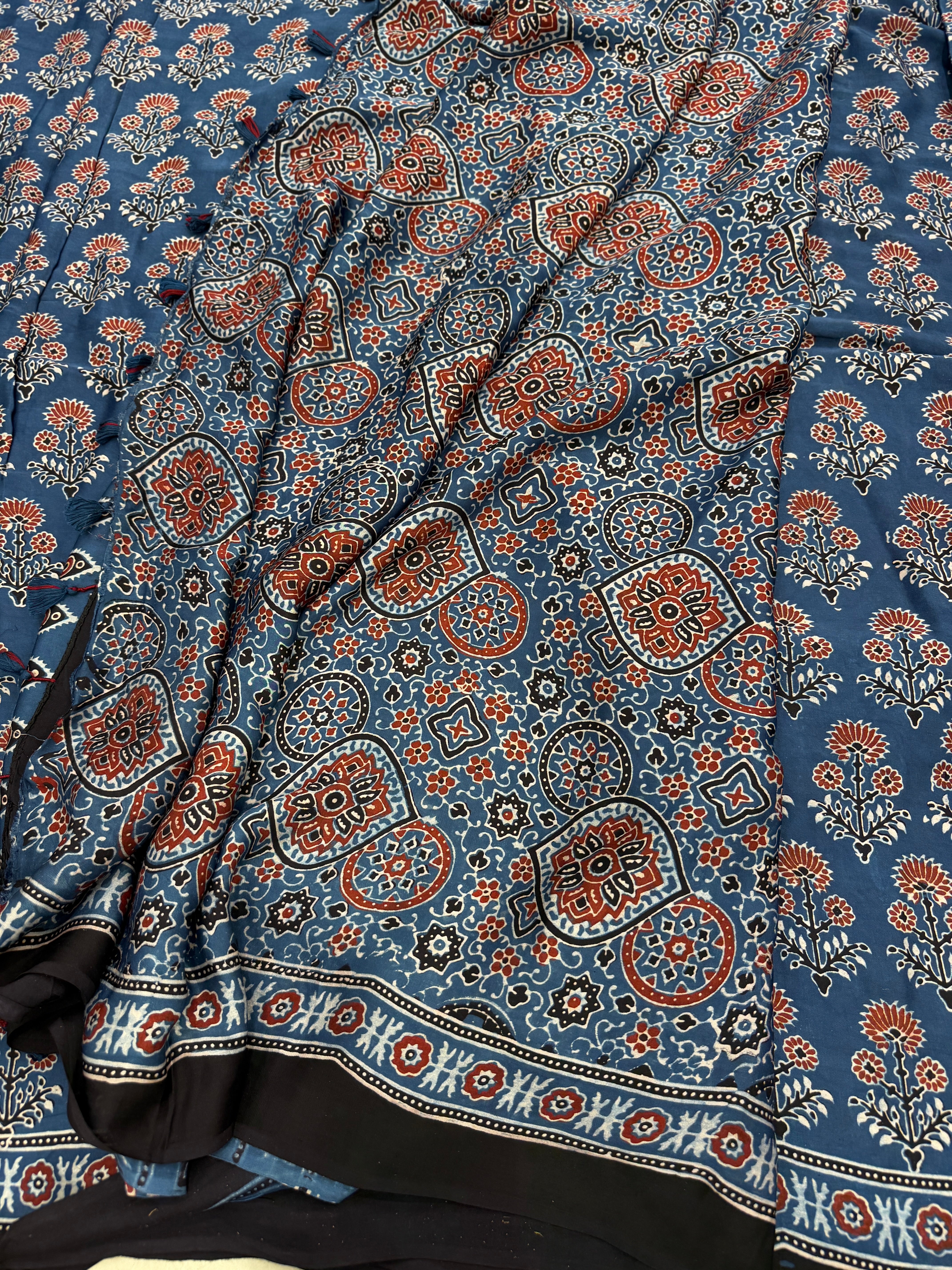 Blue Buttas Ajrakh Hand Block Print Pure Gajji Silk Saree