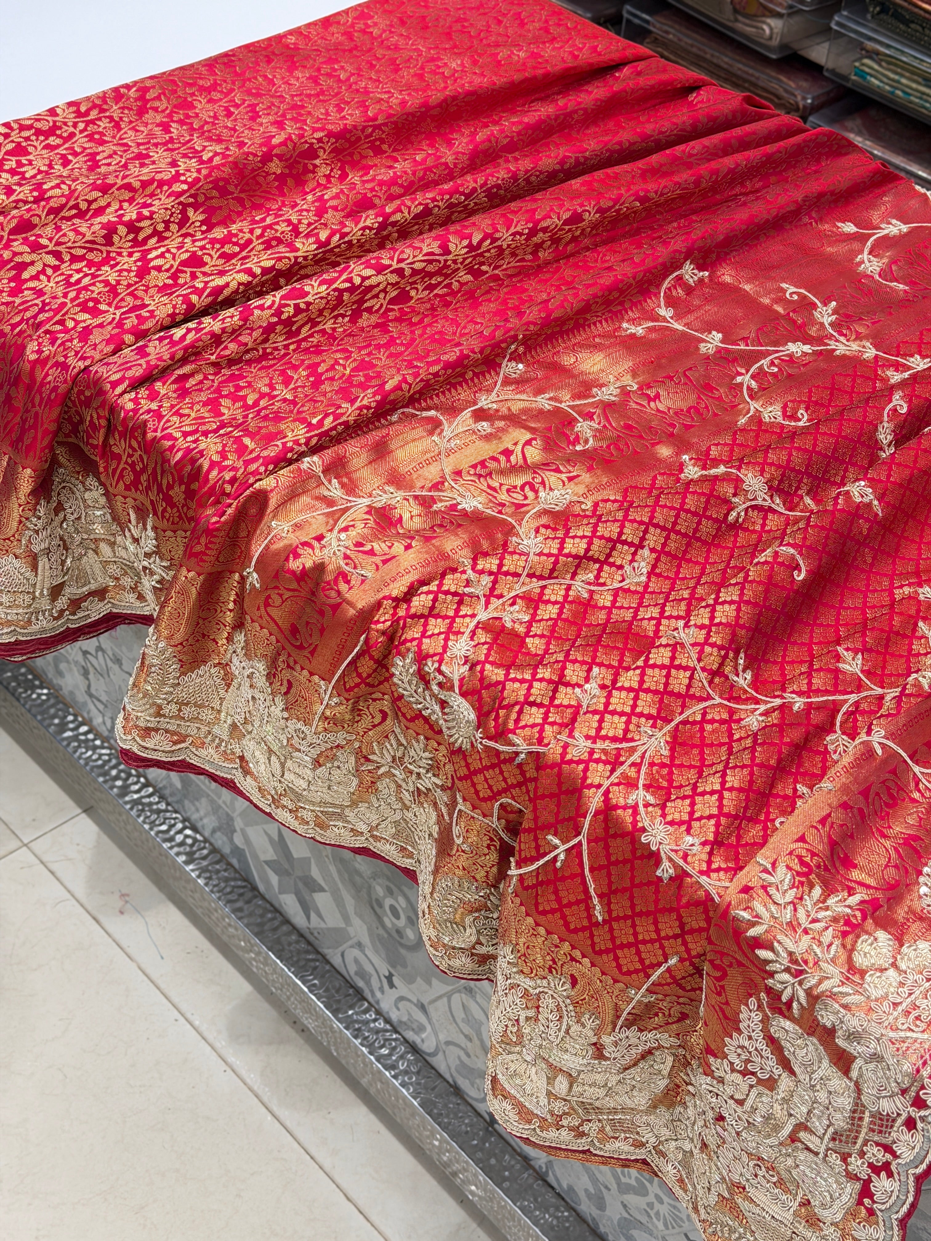 Rani Pink Pure Kanjivaram Doli Edit Hand Embroidery Zardosi Saree