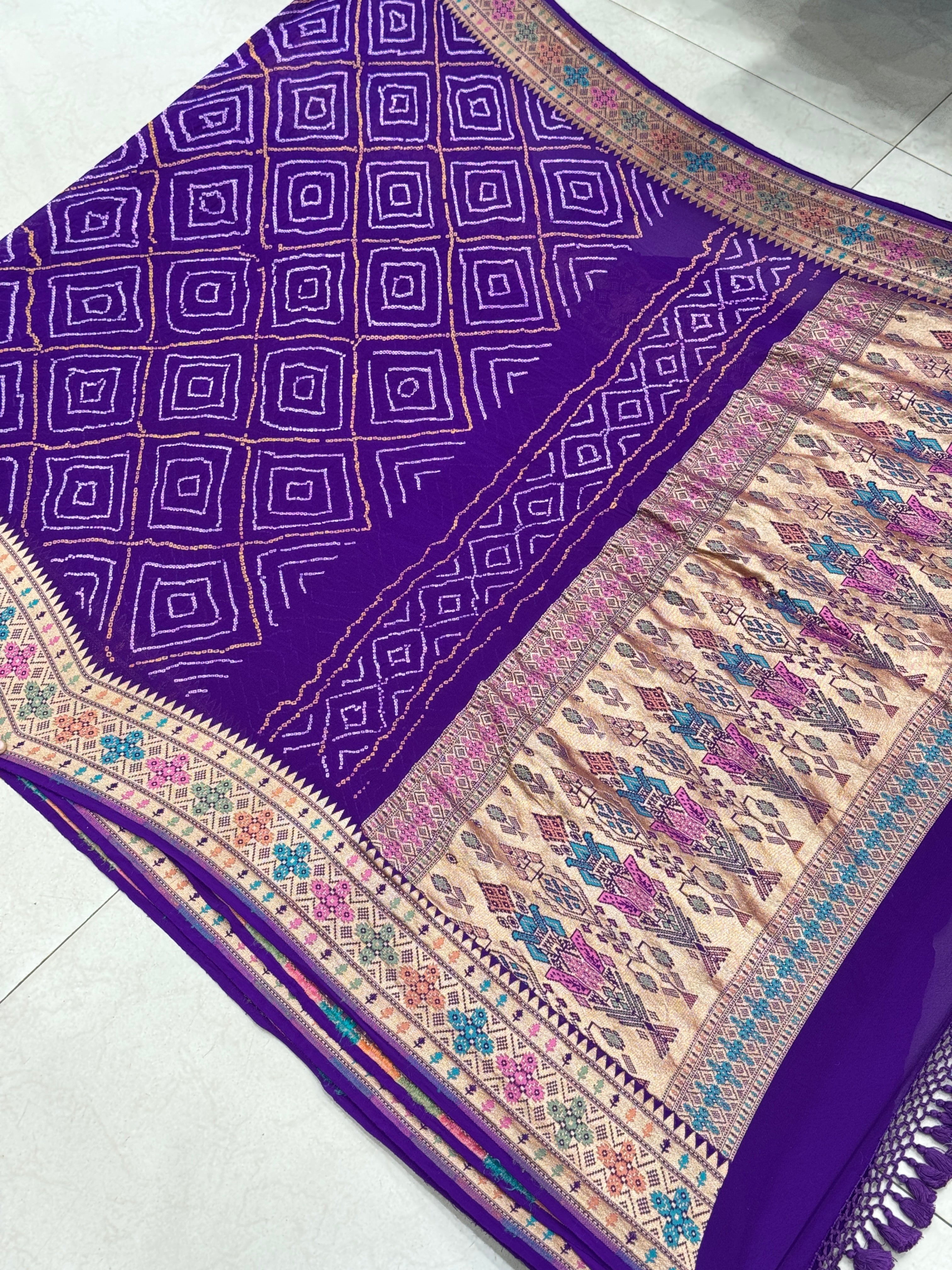 Rai Bandhej Violet Saree with Meenakari Weave