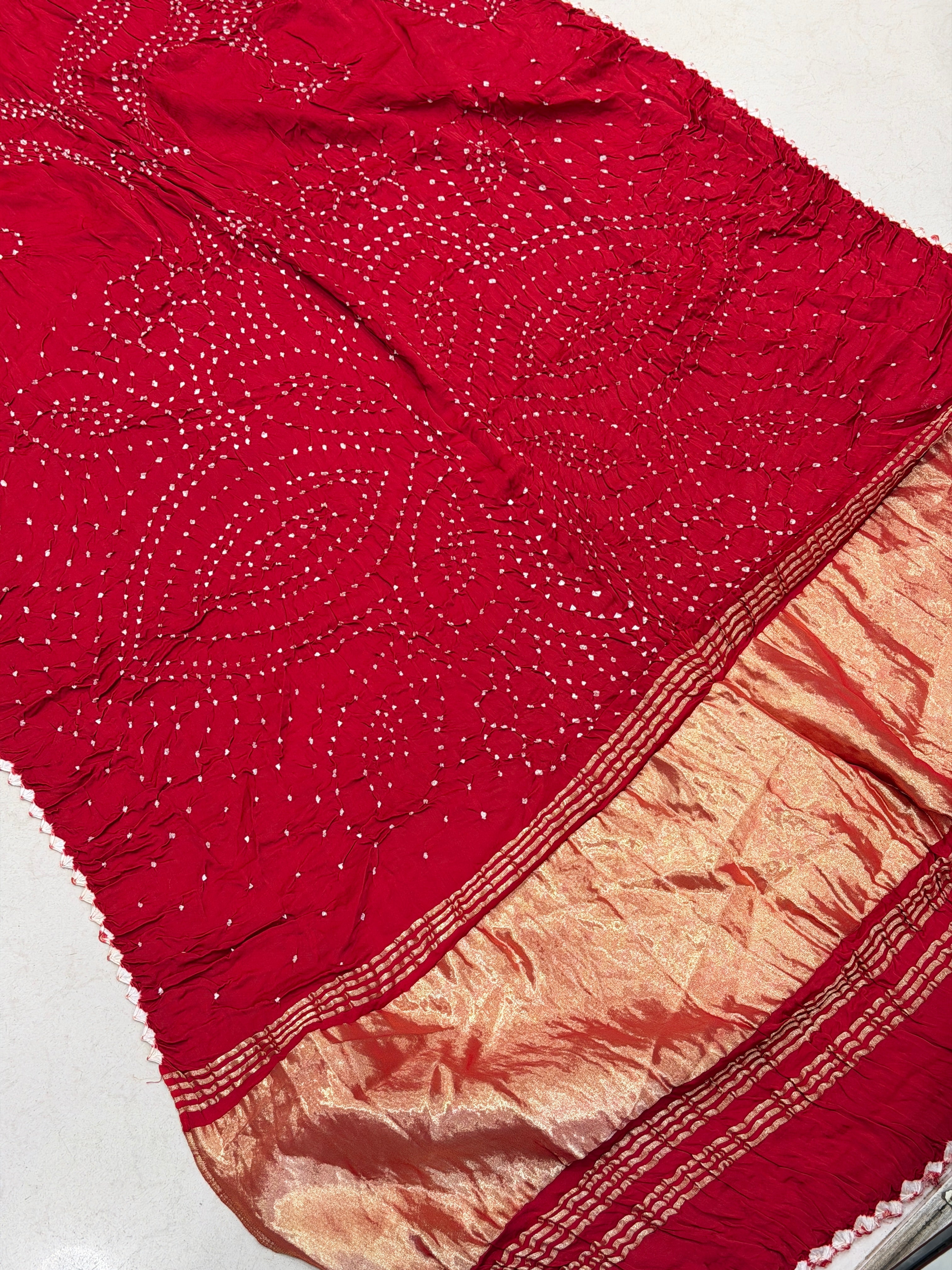 Red Contemporary Dani Pure Gajji Silk Rai Bandhej Hand Made Saree