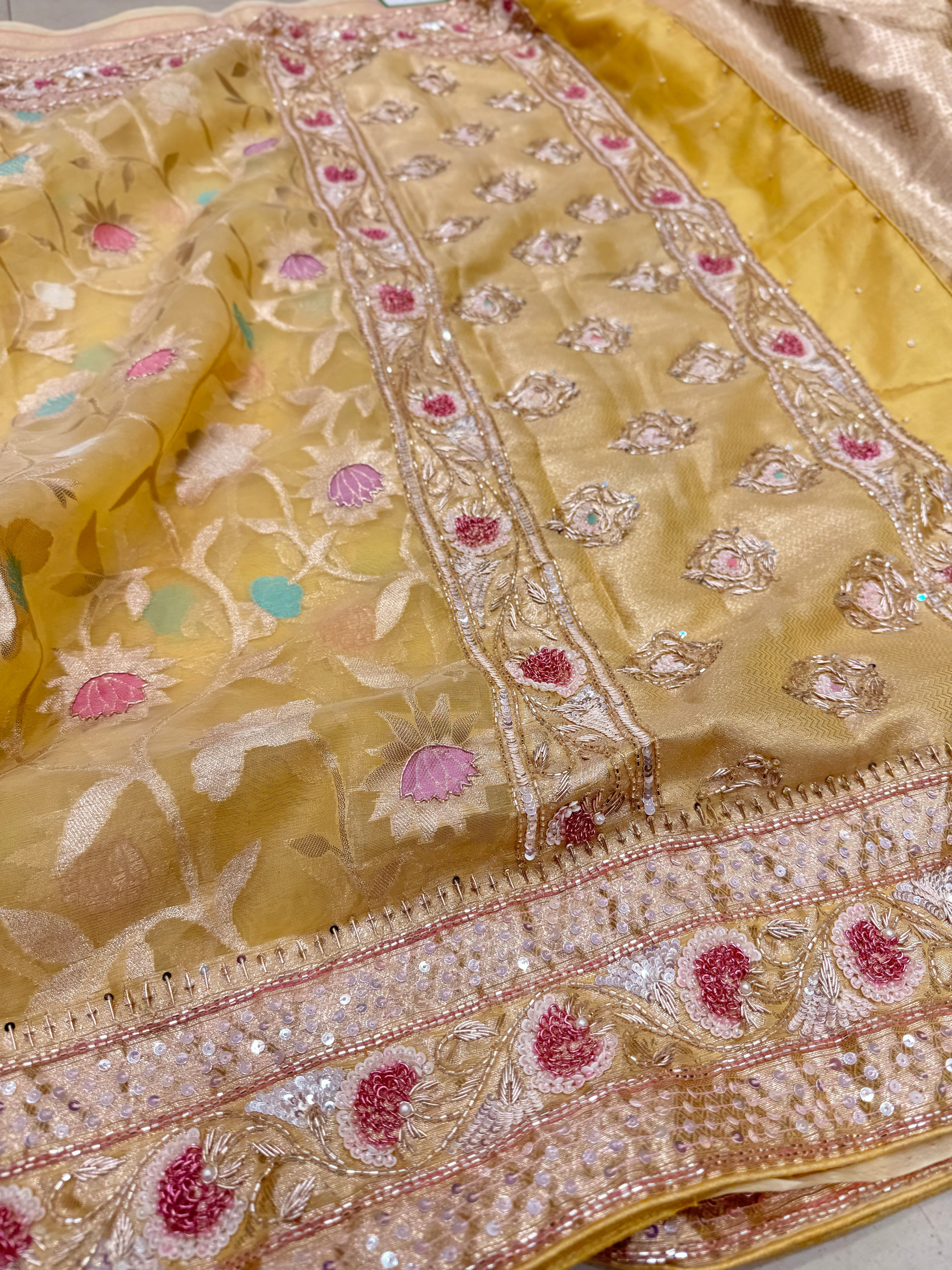 Yellow Meenakari Banarasi Kora Sequin Zardosi Hand Embroidery Saree