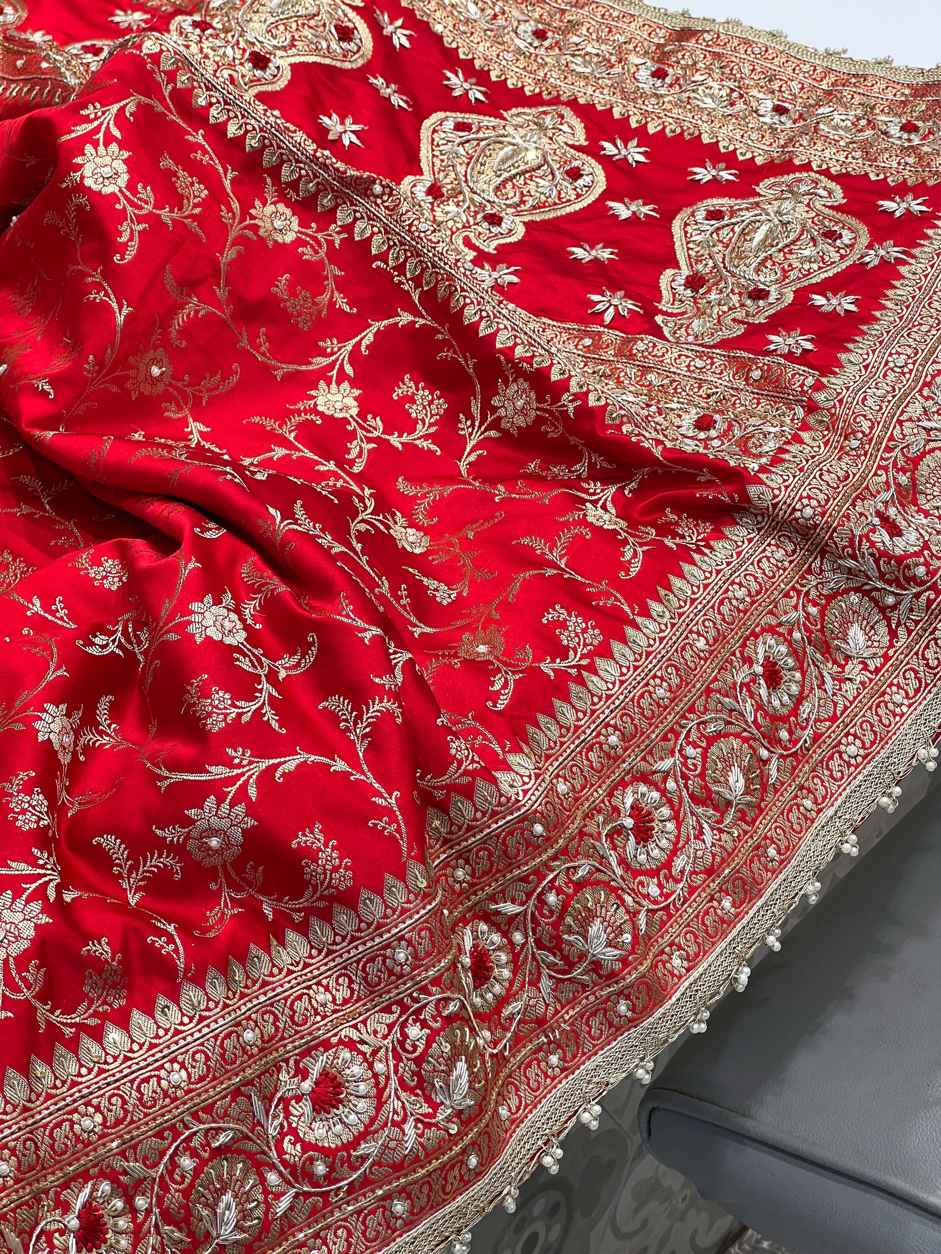 Red Banarasi Rose Jaal Resham Hand Embroidery Saree