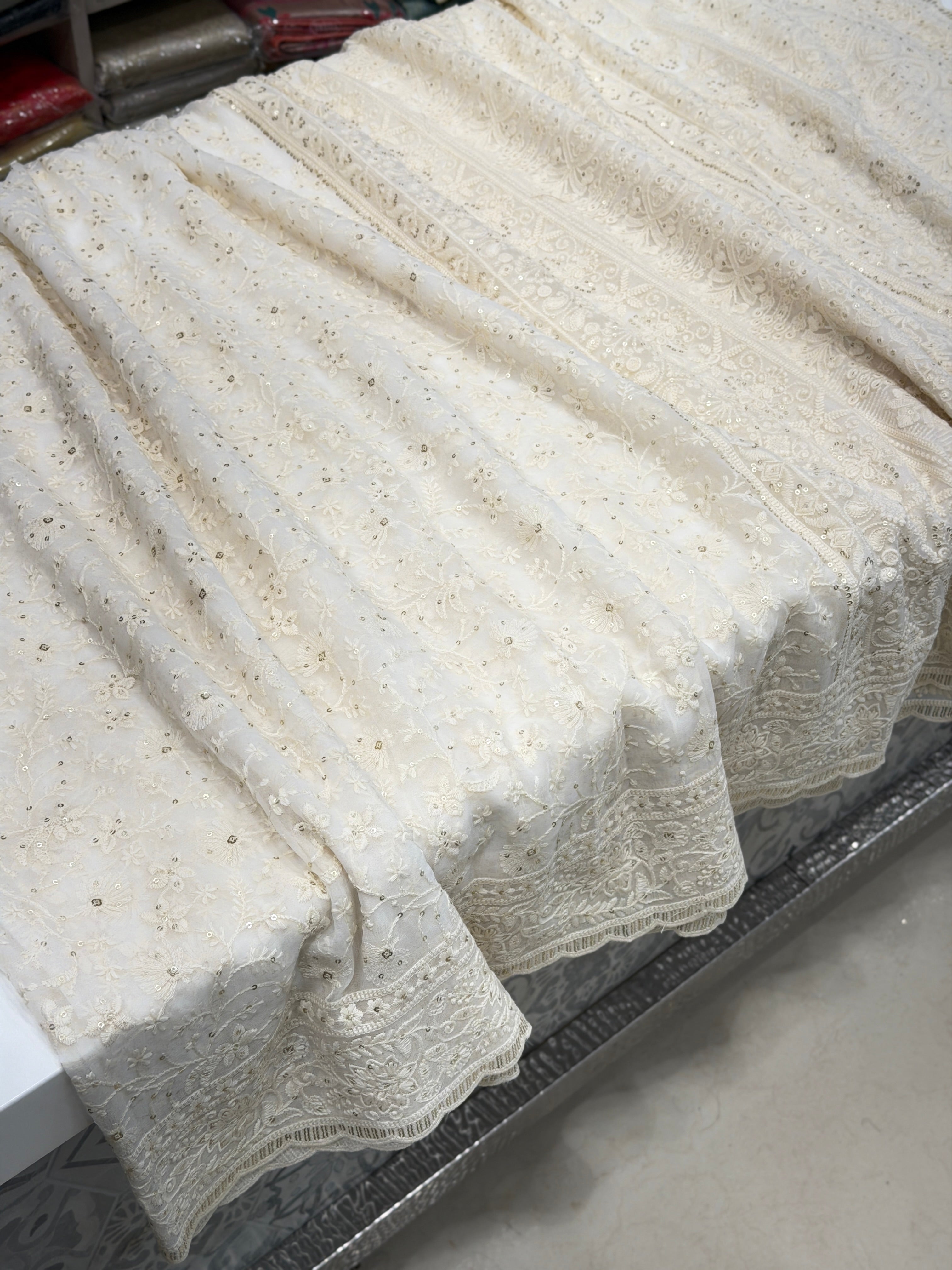 White Chikankari Embroidery Sikka Georgette Saree