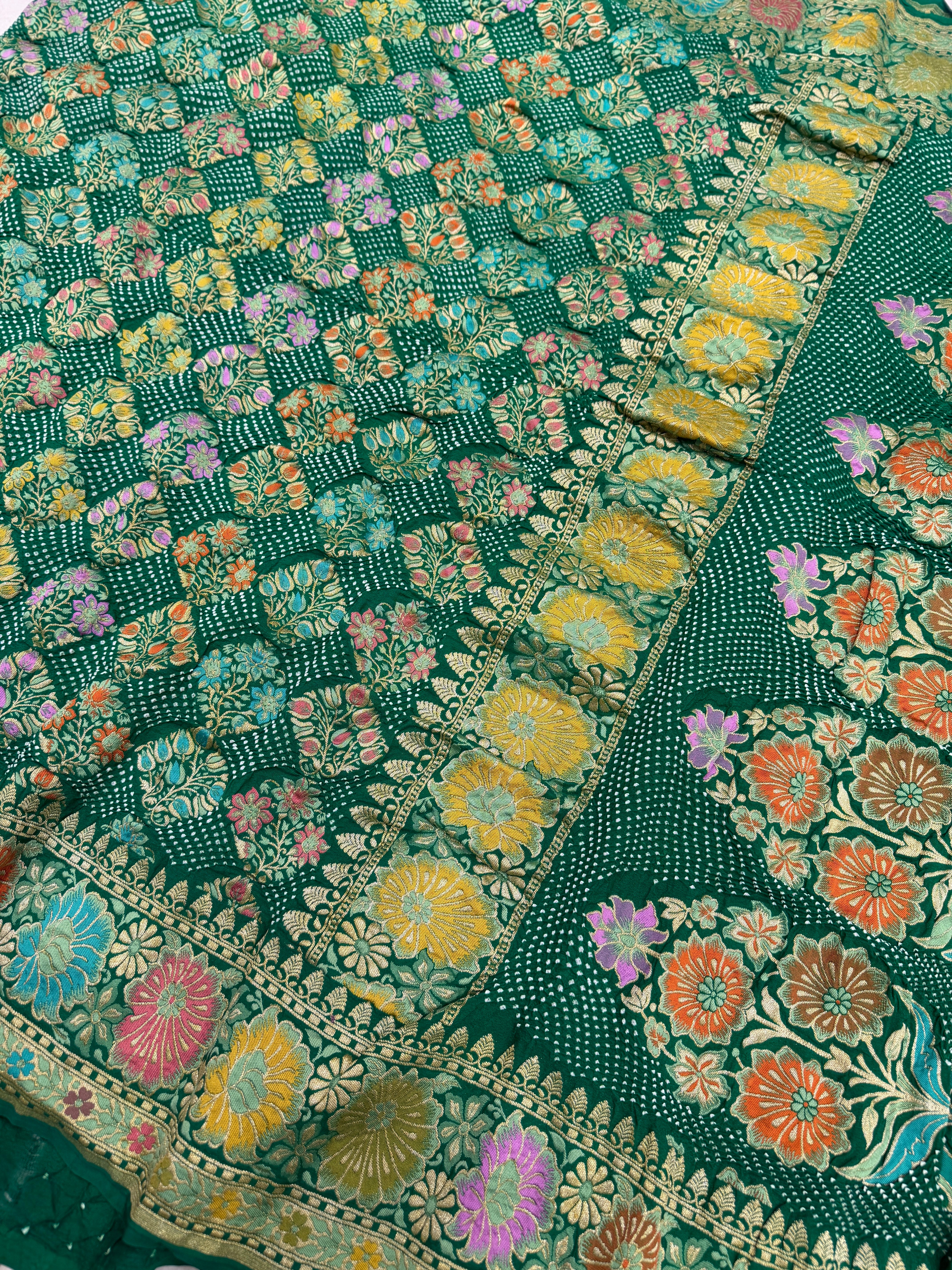 Bottle Green Meenakari Rai Bandhej Floral Butta Saree