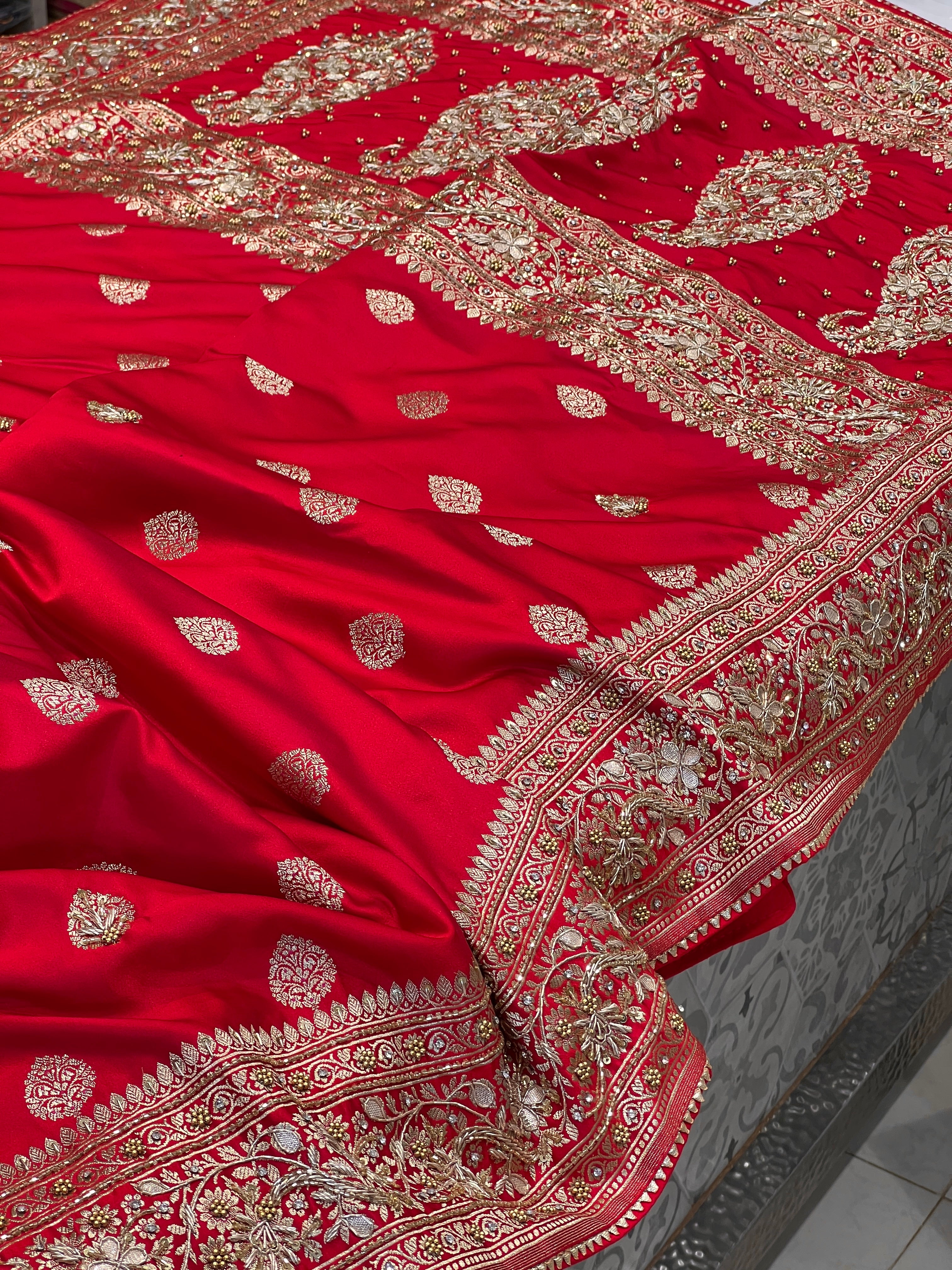 Red Banarasi Silk Butta Hand Embroidery Saree