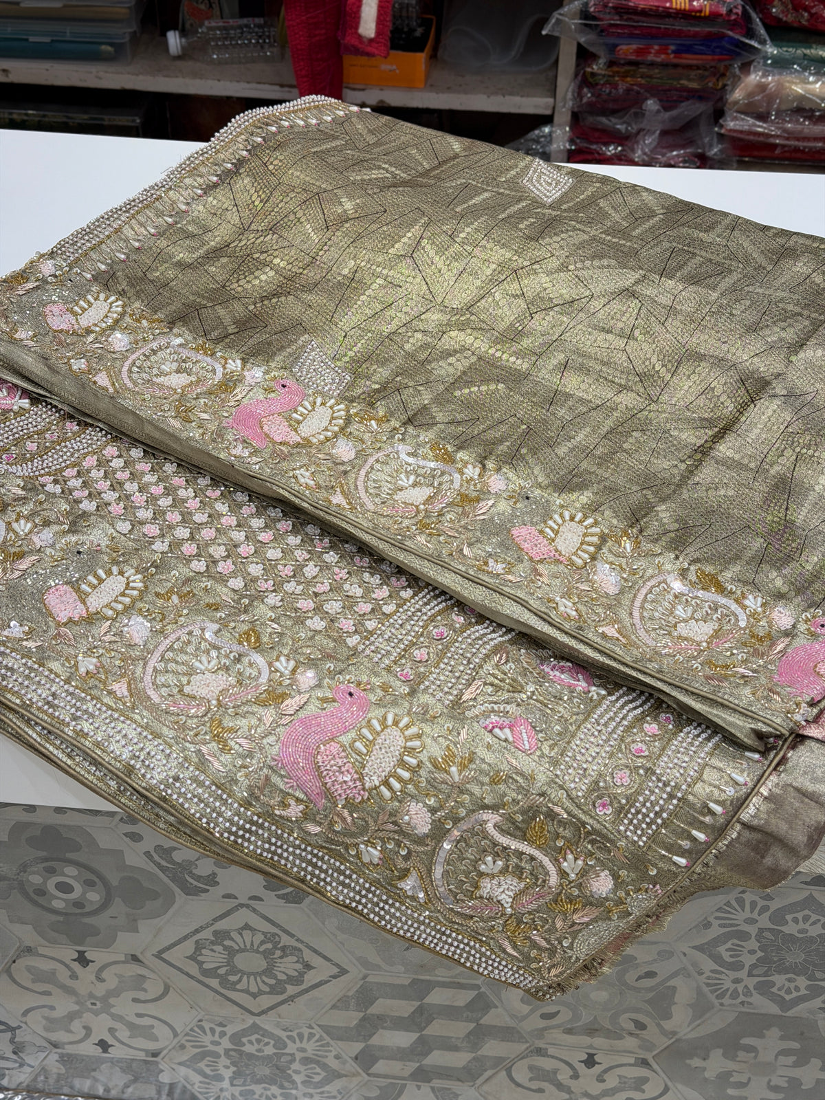 Green Silver Kanjivaram Three Zari Hand Embroidery Zardosi Moti Sequin Saree