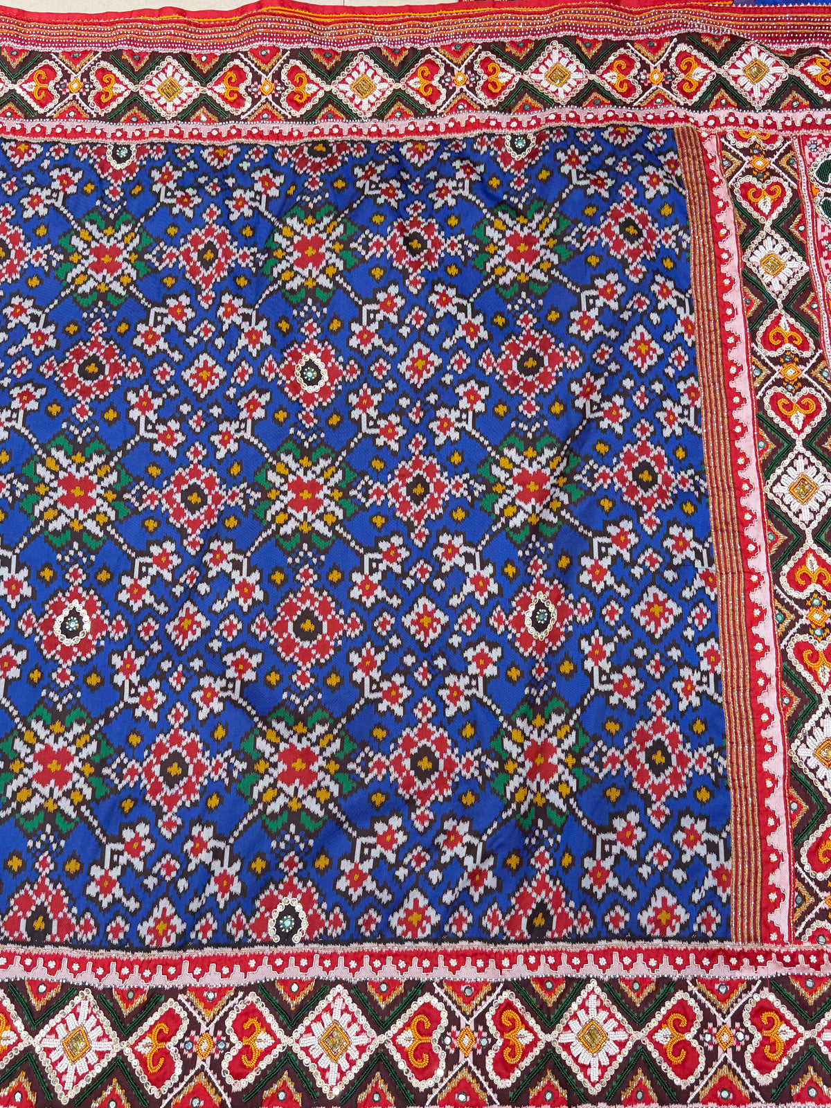 Blue Red Semi Silk Patola Kidiya Moti Hand Embroidery Saree