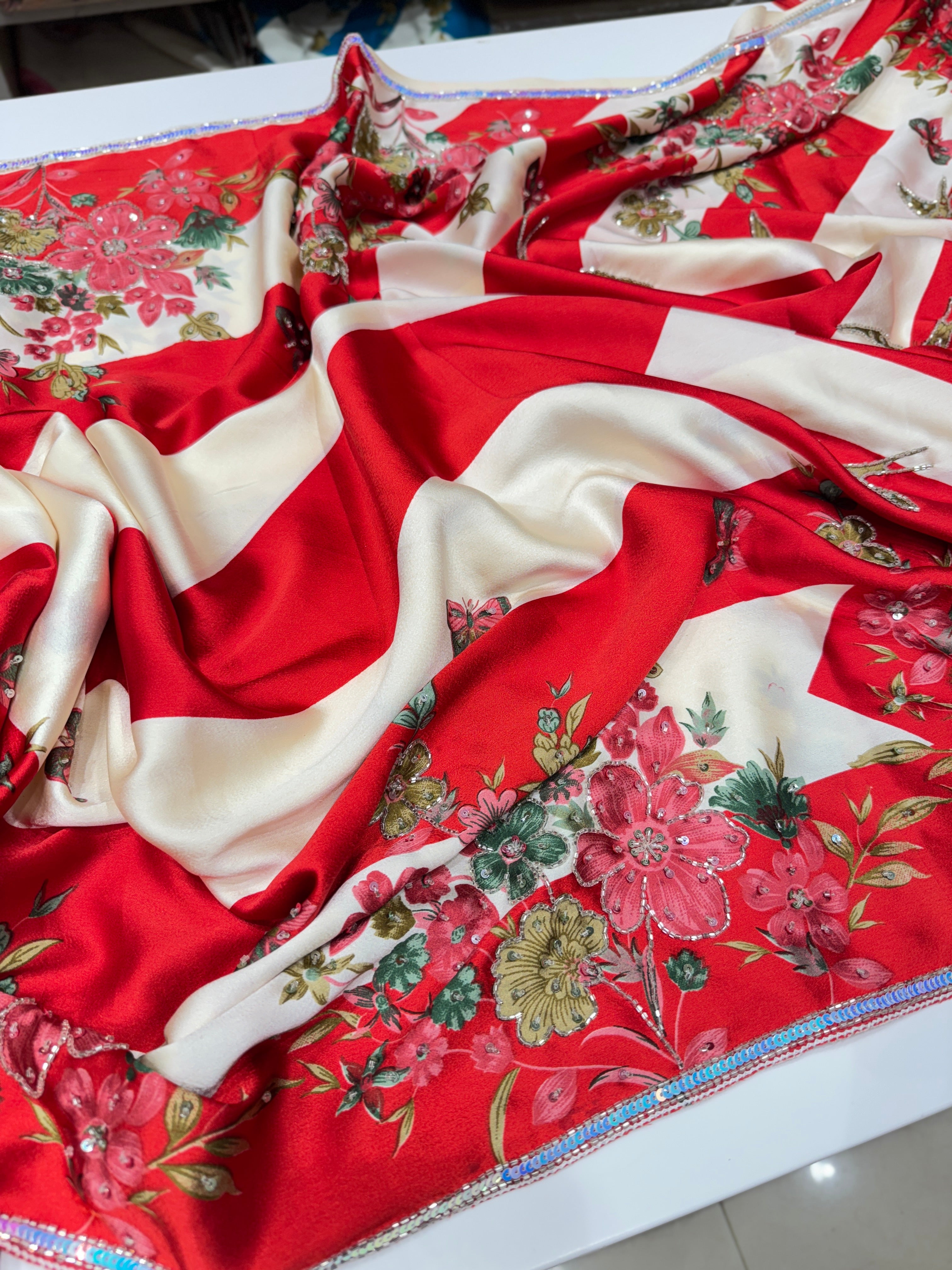 Trisha Krishnan Inspired Red Satin Hand Embroidery Saree