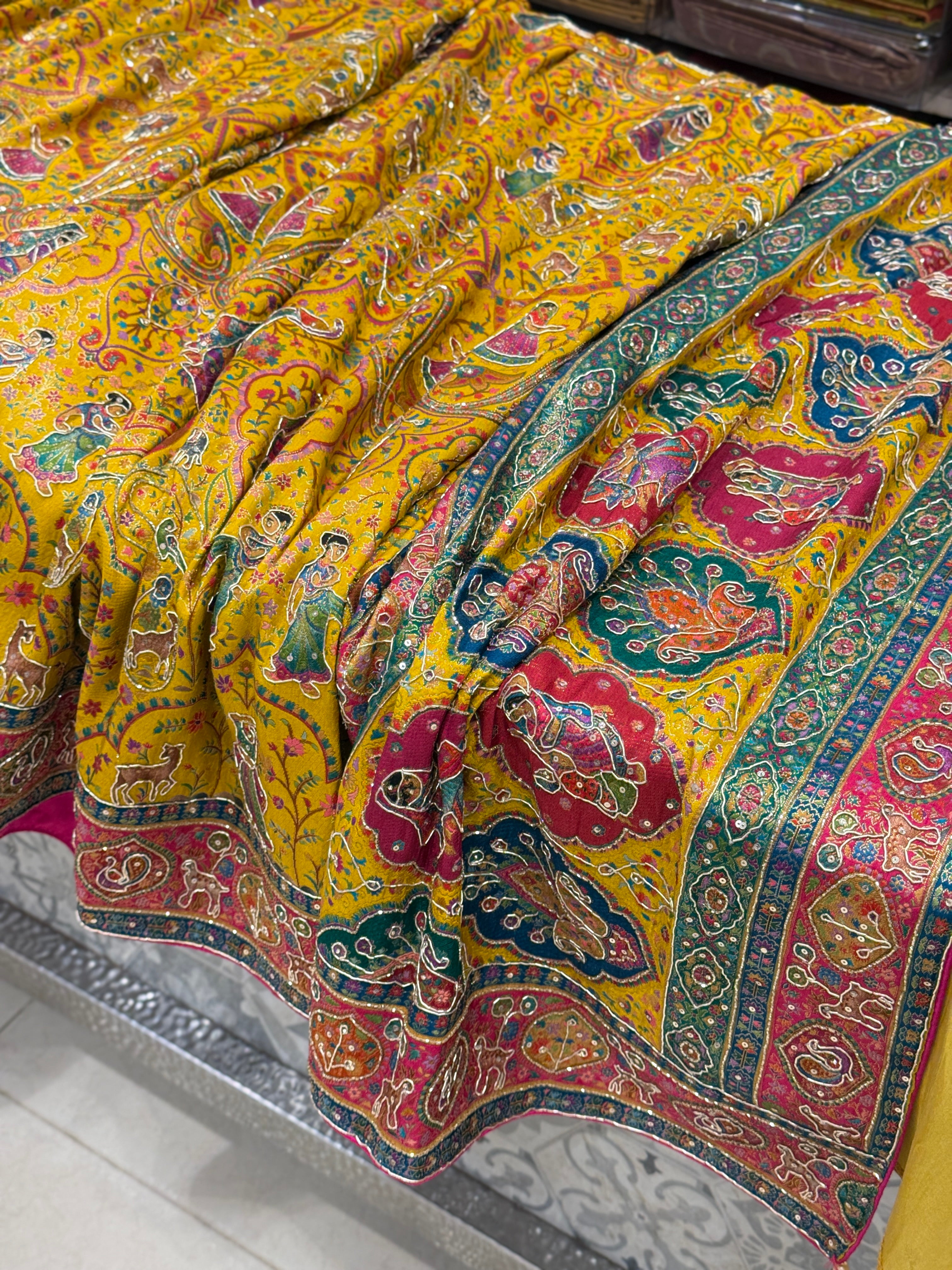Yellow Pashmina Baluchari Style Hand Embroidery Saree