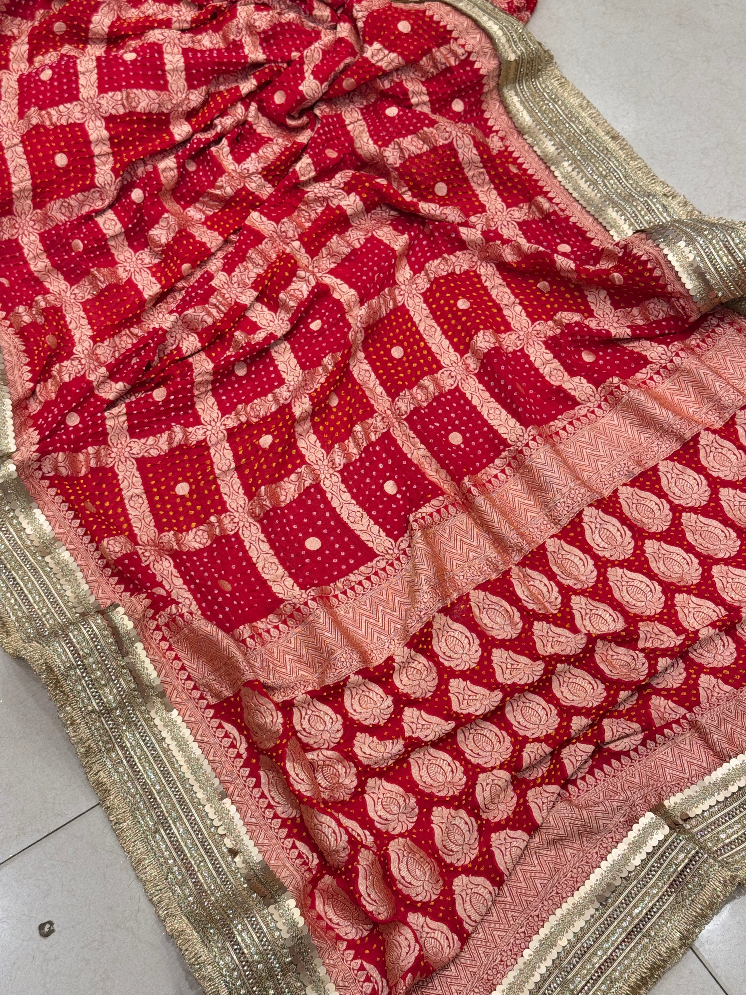 Red Bandhej Maharani Style Saree