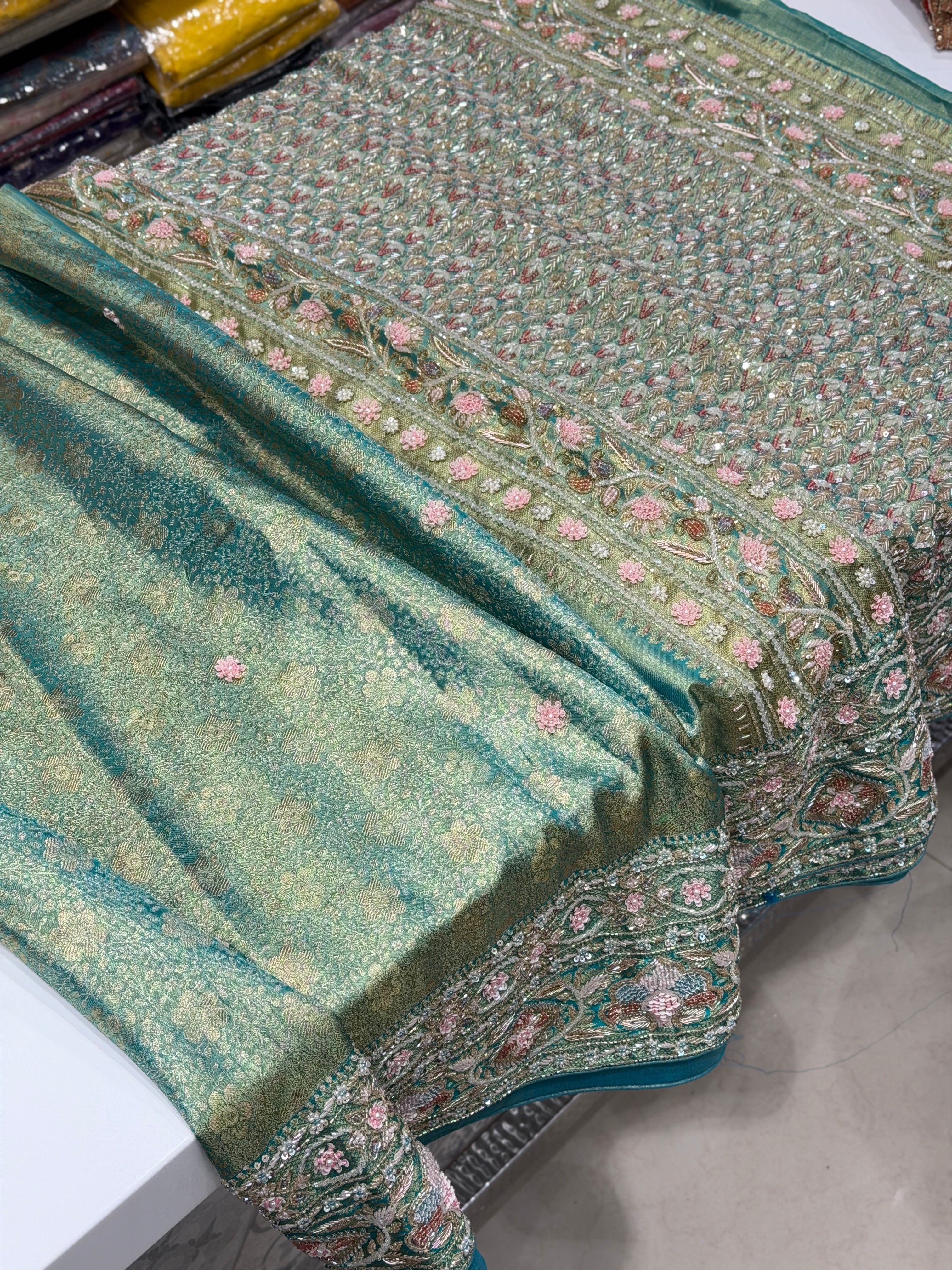Pista Green Floral Tissue Kanjivaram Hand Embroidery Saree